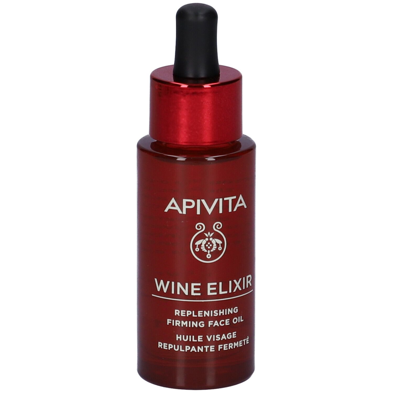 Flacone di vetro rosso con contagocce nero. Scritta: APIVITA, Wine Elixir, Replenishing Firming Face Oil.