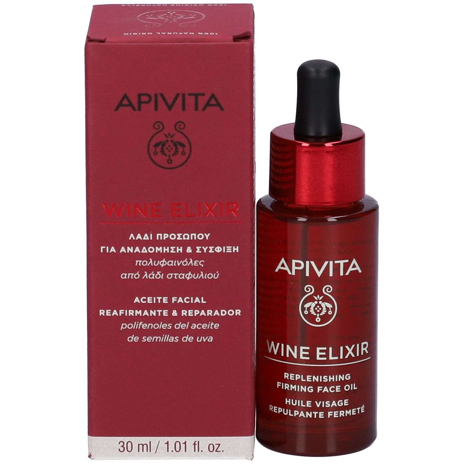 Confezione del prodotto con flacone e scatola. Scritta: APIVITA, Wine Elixir, Replenishing Firming Face Oil. 30 ml.