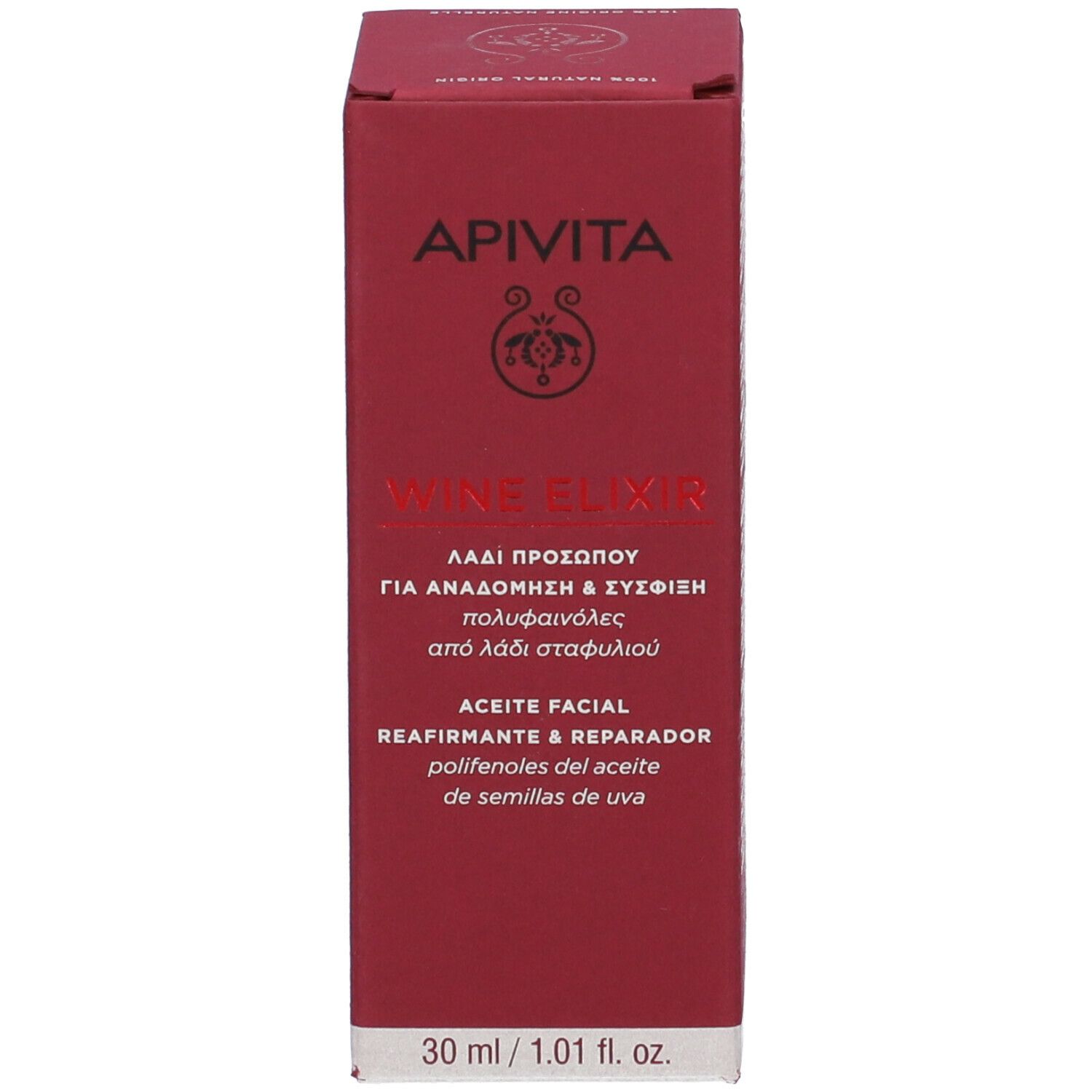 Confezione del prodotto, scatola. Scritta: APIVITA, Wine Elixir, Replenishing Firming Face Oil. 30 ml.