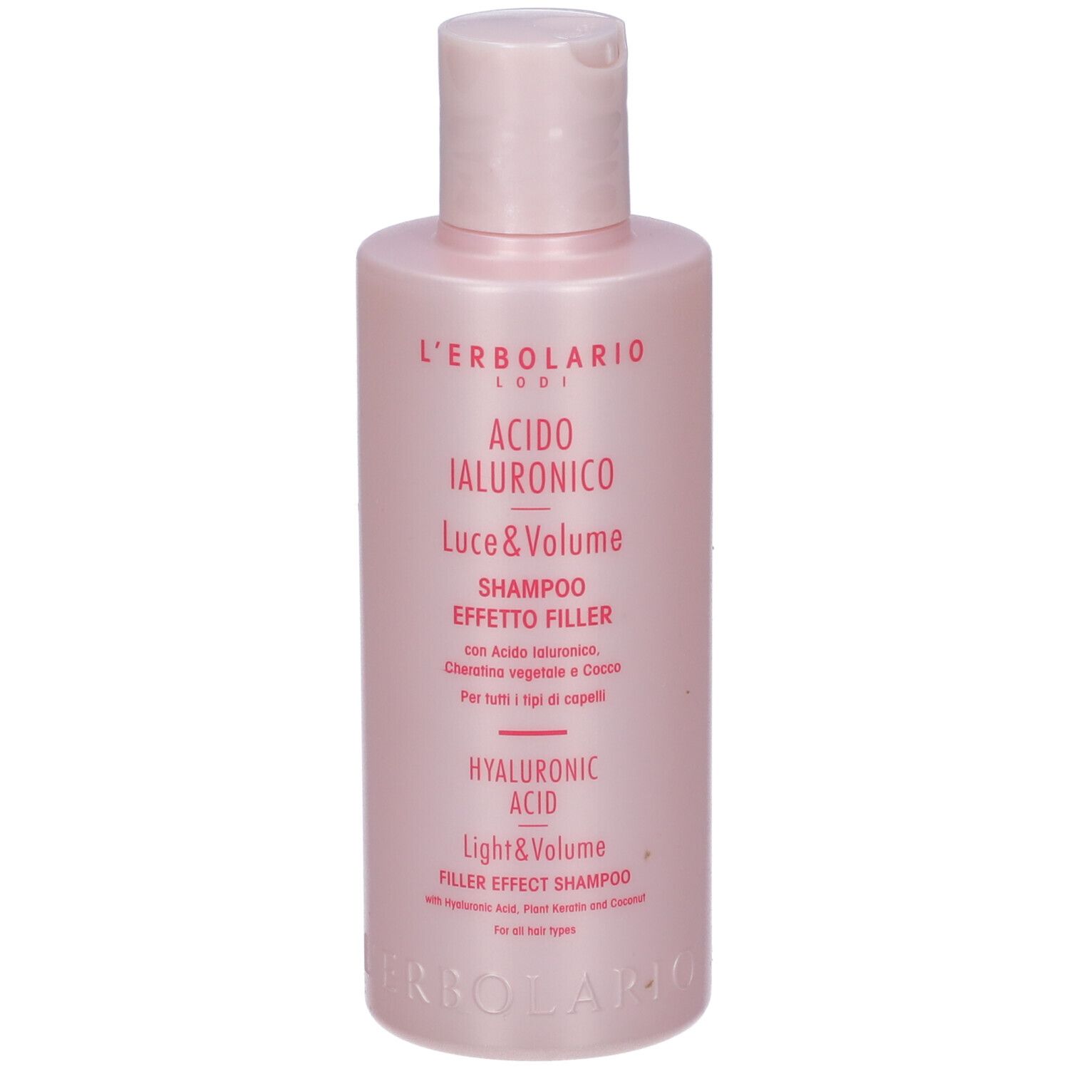 Flacone di shampoo rosa. Scritte: L'Erbolario, Acido Ialuronico, Luce & Volume, Shampoo Effetto Filler, Hyaluronic Acid, Light & Volume.