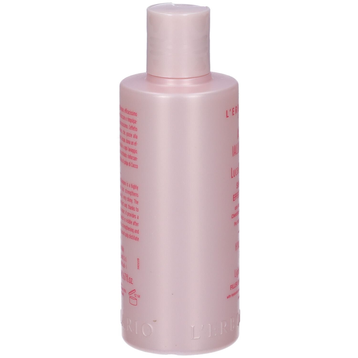 Flacone di shampoo rosa, vista laterale. Scritte: L'Erbolario.