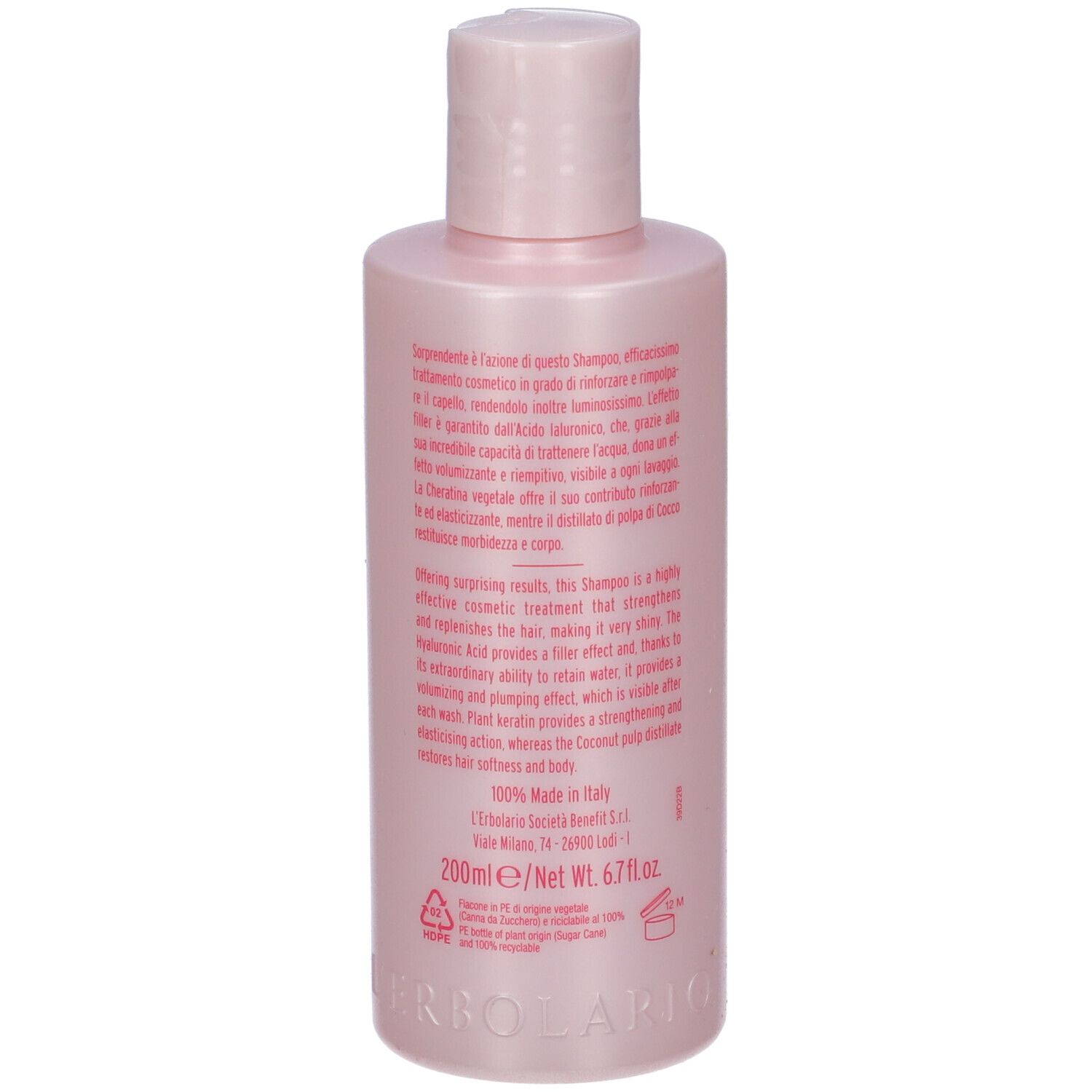 Retro del flacone di shampoo rosa. Testo in italiano. Scritte: L'Erbolario, 200ml/Net. Wt. 6.7 fl.oz.