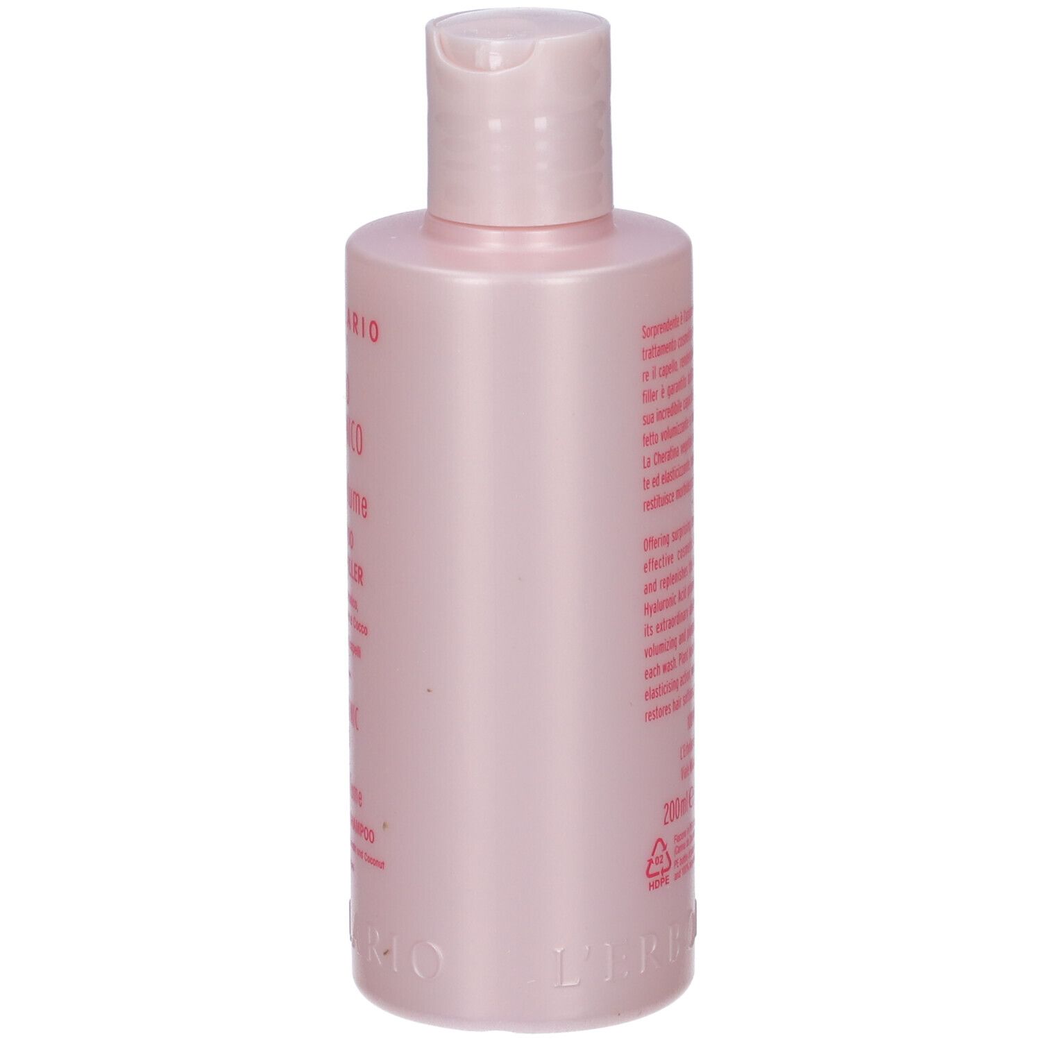 Flacone di shampoo rosa, vista laterale. Scritte: L'Erbolario.