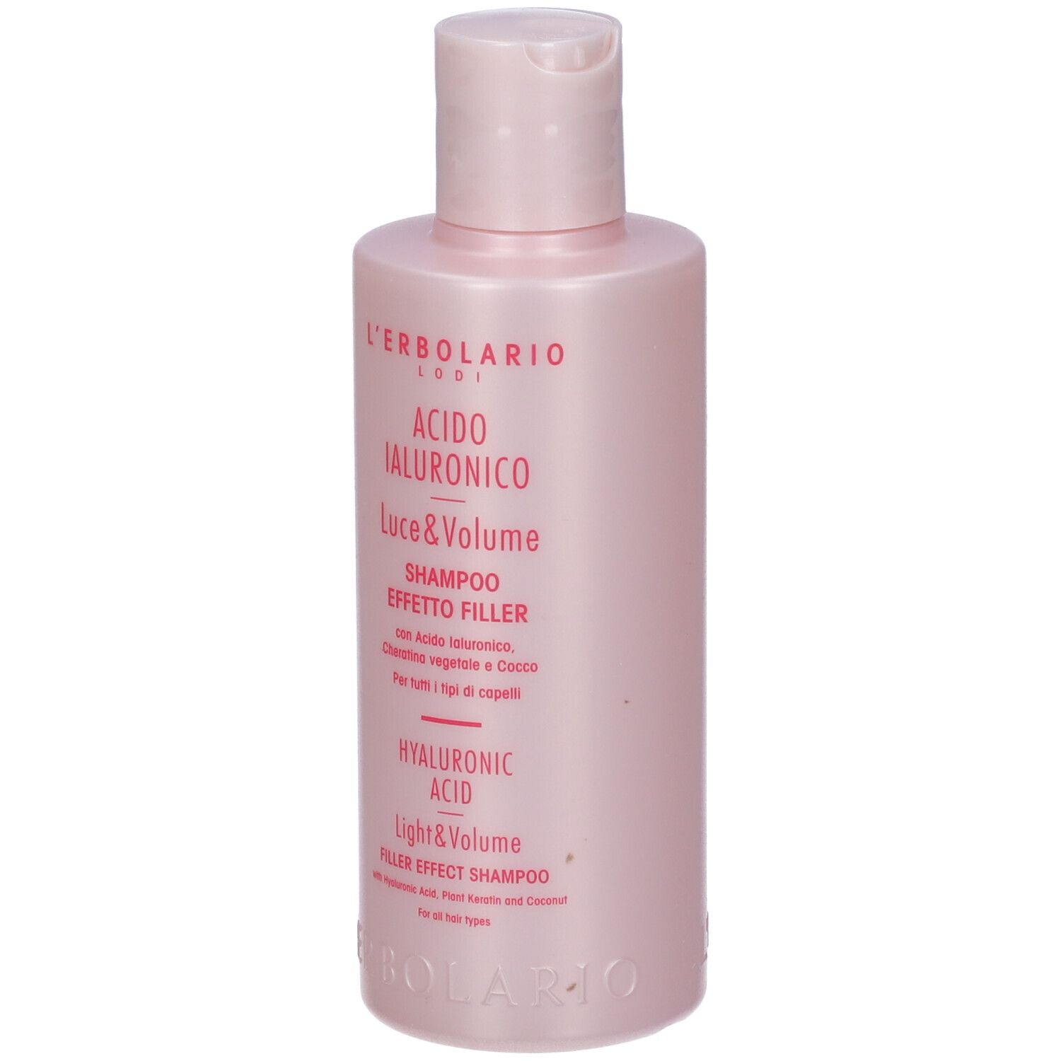 Flacone di shampoo rosa. Scritte: L'Erbolario, Acido Ialuronico, Luce & Volume, Shampoo Effetto Filler, Hyaluronic Acid, Light & Volume.