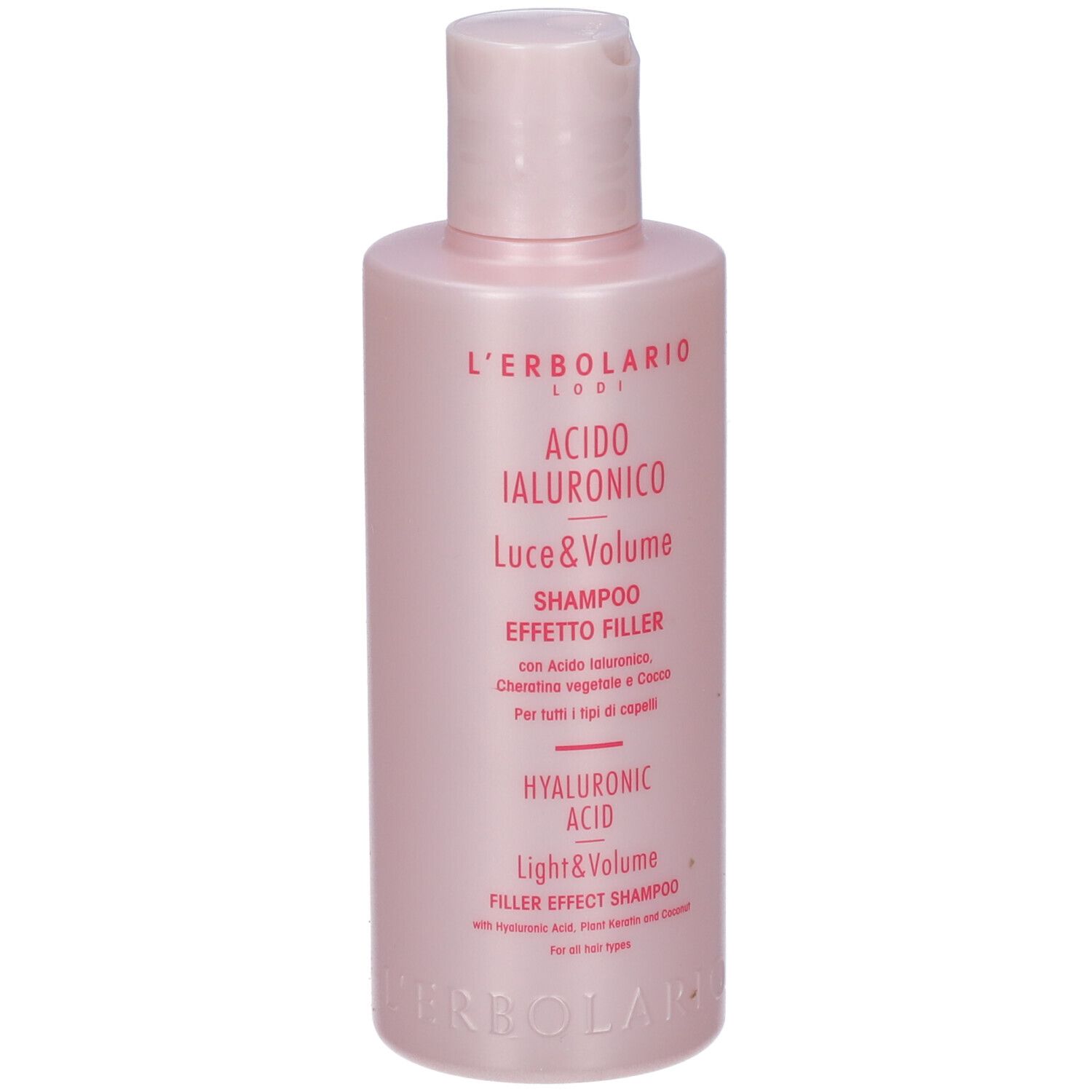 Flacone di shampoo rosa. Scritte: L'Erbolario, Acido Ialuronico, Luce & Volume, Shampoo Effetto Filler, Hyaluronic Acid, Light & Volume.