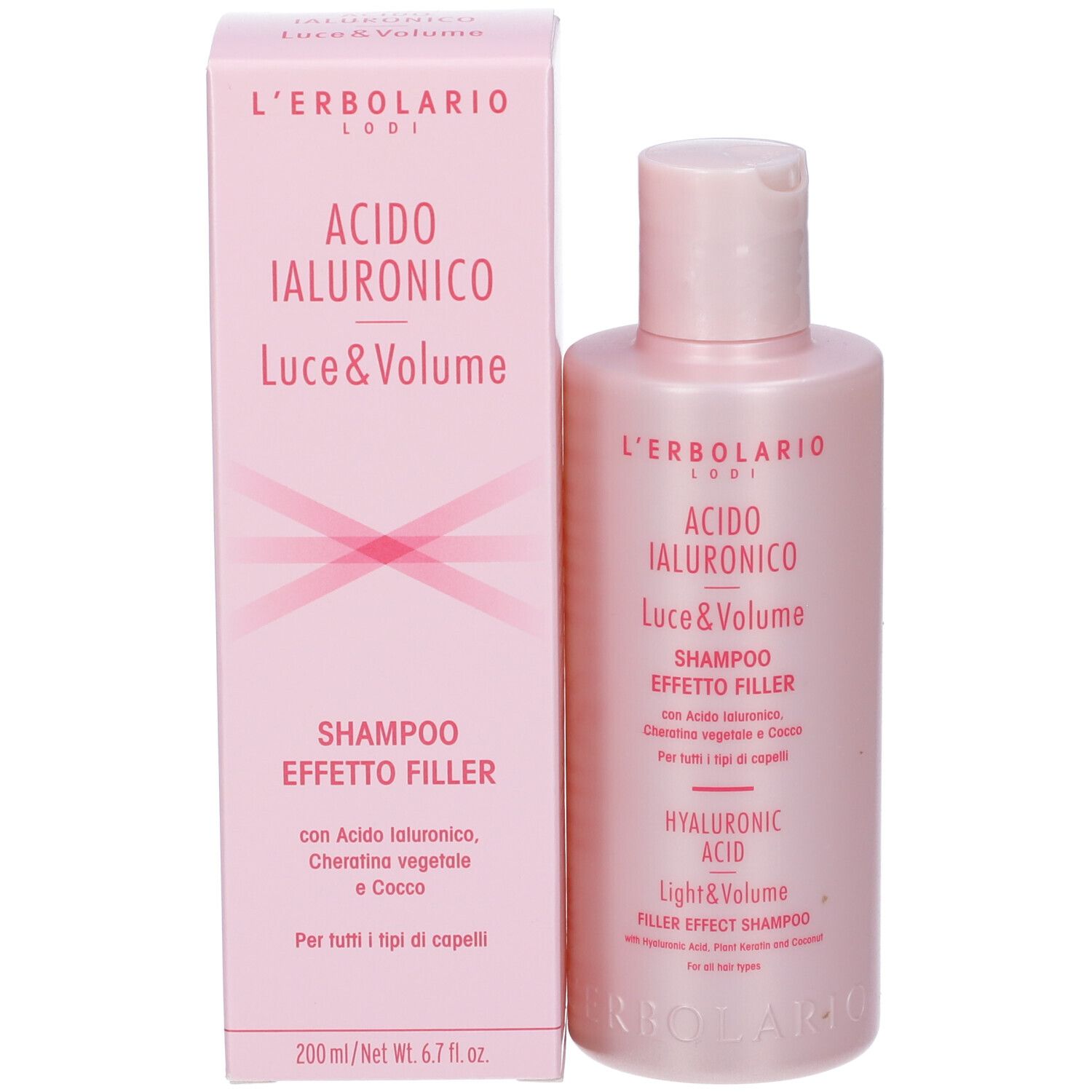 Flacone e scatola di shampoo rosa. Scritte: L'Erbolario, Acido Ialuronico, Luce & Volume, Shampoo Effetto Filler.