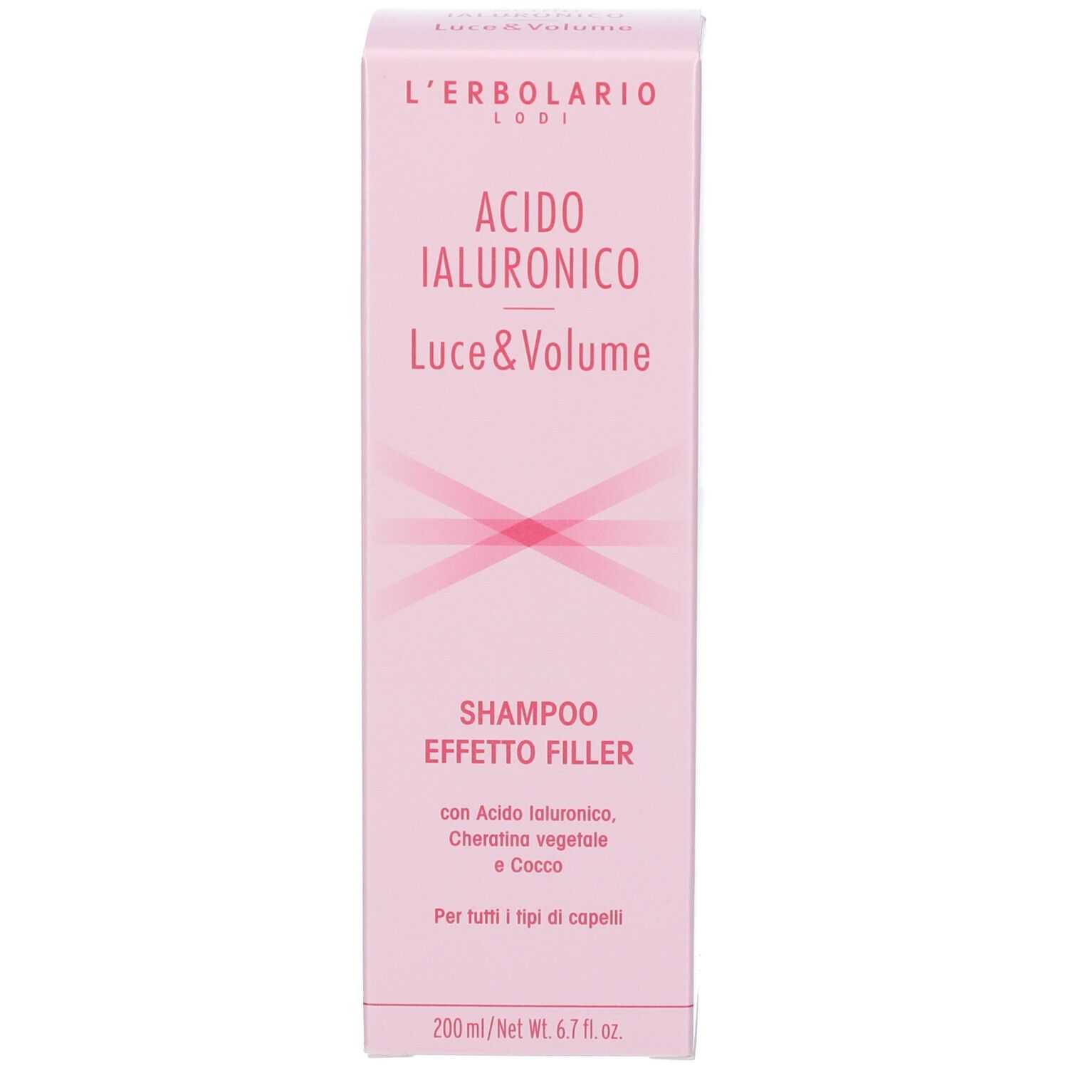 Scatola rosa. Scritte: L'Erbolario, Acido Ialuronico, Luce & Volume, Shampoo Effetto Filler, 200 ml.