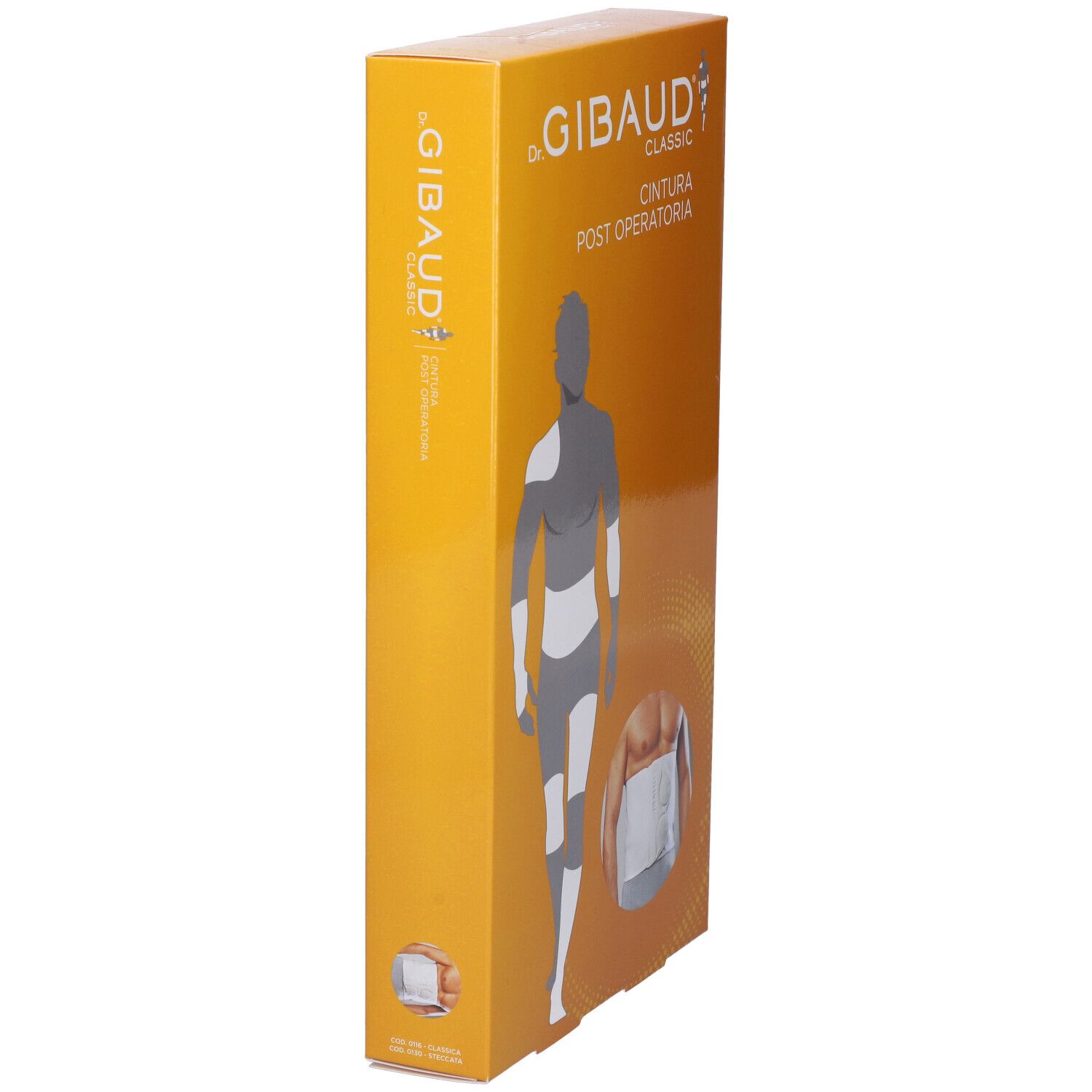 Confezione Gibaud Classic Cint Postop St3, vista laterale. Scatola arancione con immagine del prodotto.