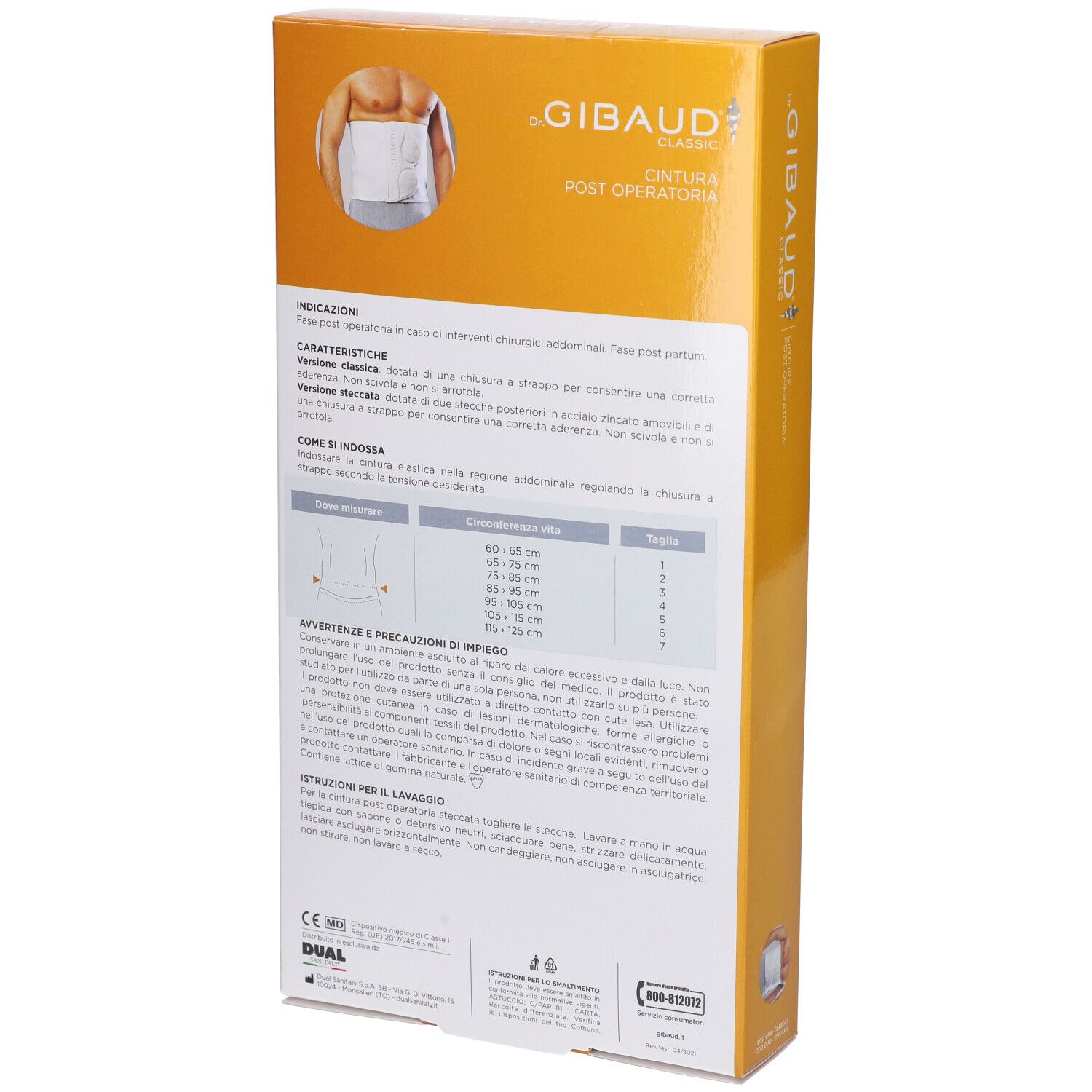 Retro della confezione Gibaud Classic Cint Postop St3. Informazioni testuali e tabella taglie.