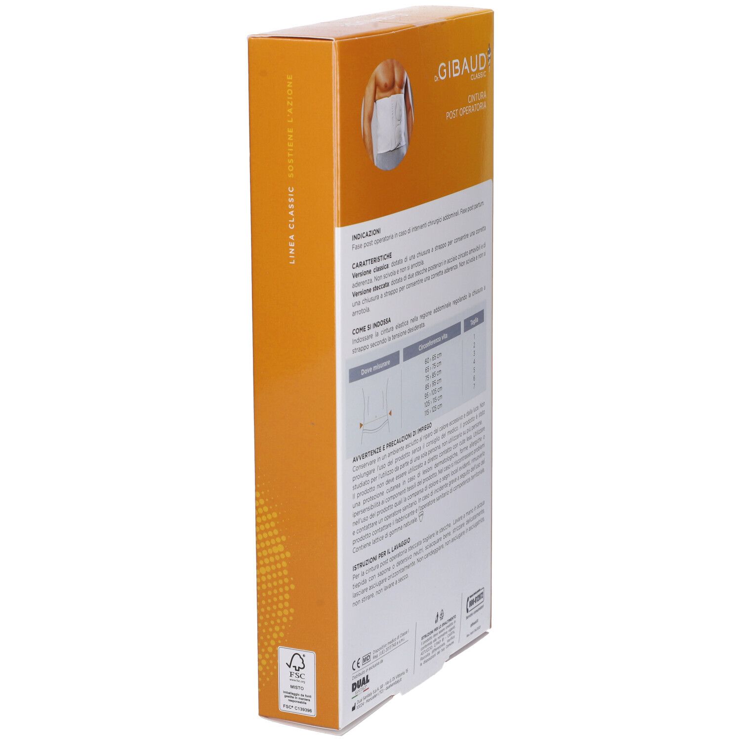 Confezione Gibaud Classic Cint Postop St3, vista laterale. Testo e tabella taglie sul retro.