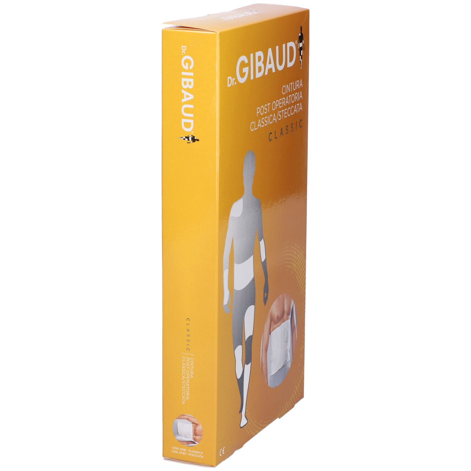 Vista laterale della confezione Gibaud Classic Cint Postop St4. Scatola arancione con immagine e testo.