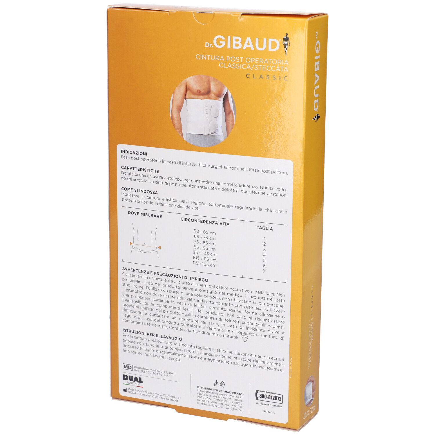 Retro della confezione Gibaud Classic Cint Postop St4. Testo e tabella taglie su sfondo arancione.
