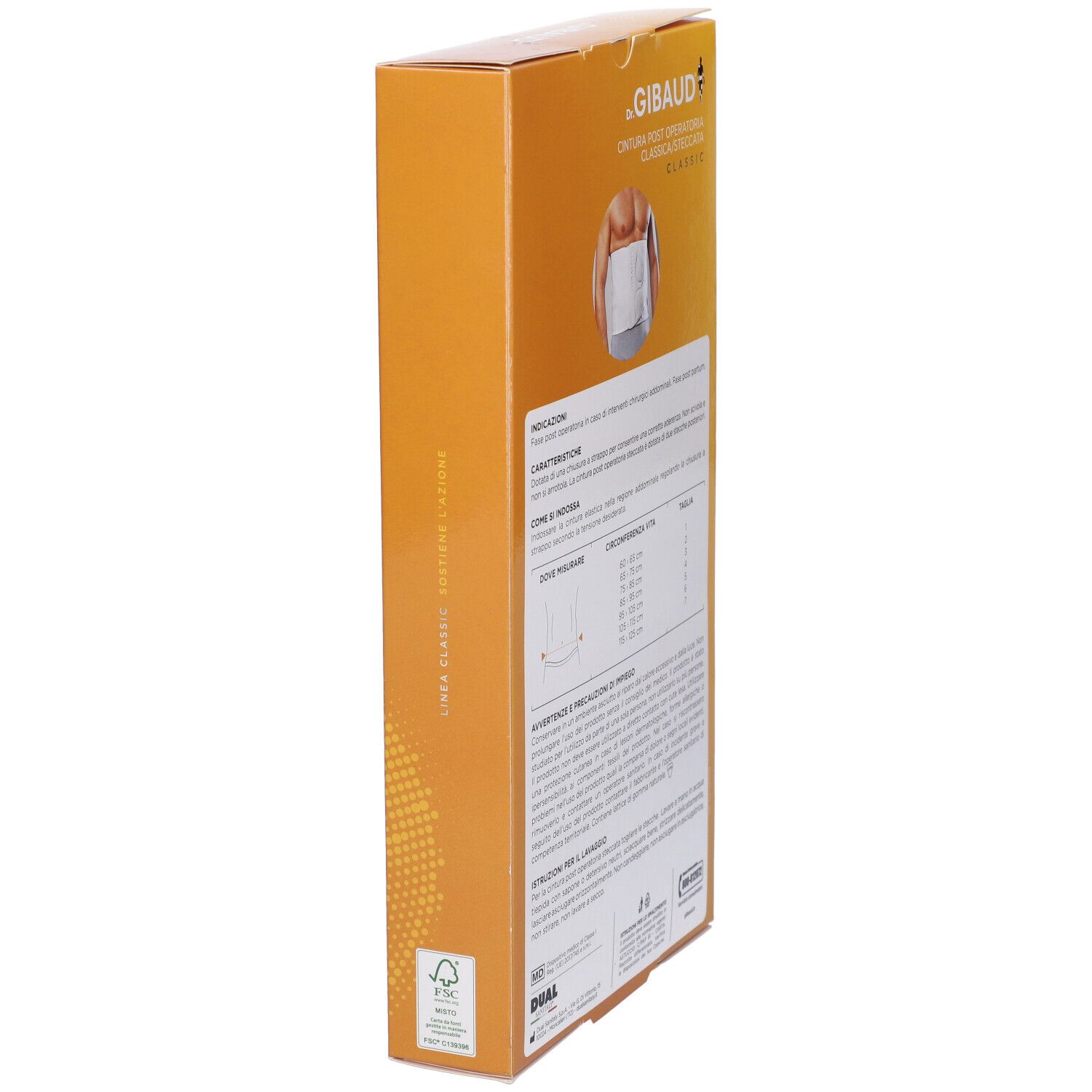 Vista laterale della confezione Gibaud Classic Cint Postop St4. Testo e loghi su sfondo arancione.