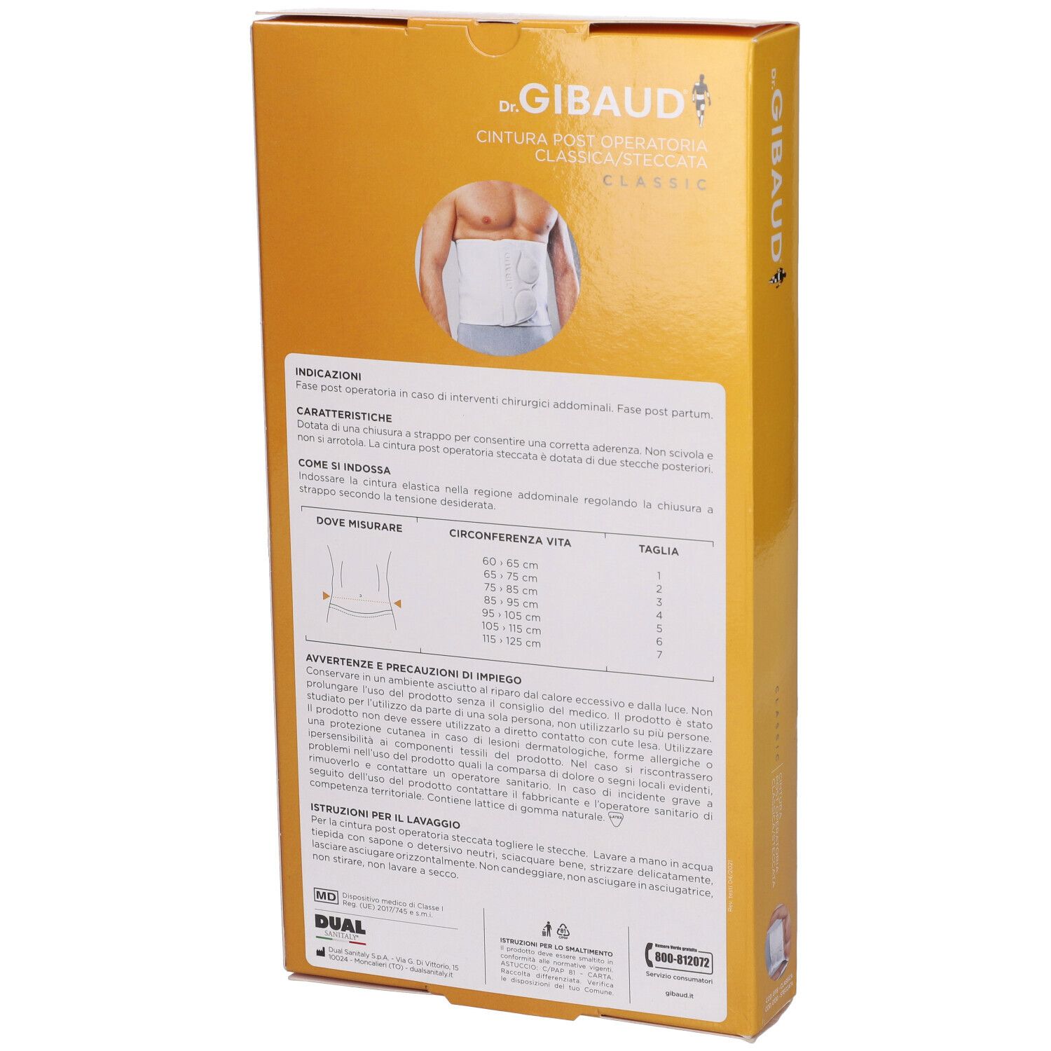 Retro della confezione Gibaud Classic Cint Postop St6. Informazioni testuali e tabella taglie.
