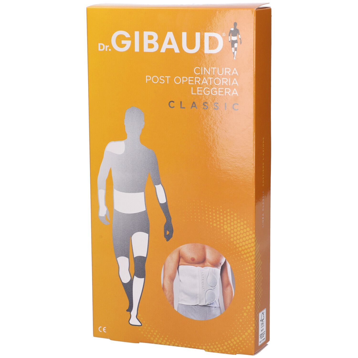 Confezione della fascia addominale. Sulla confezione sono visibili il marchio "Dr. GIBAUD" e il nome del prodotto "Cintura Post Operatoria Leggera Classic".