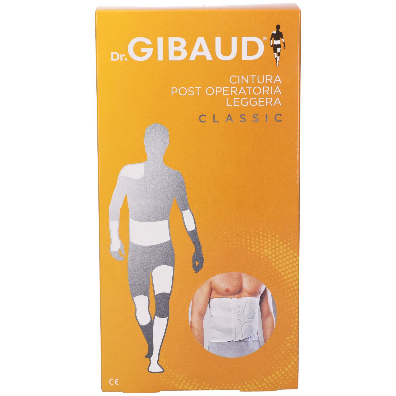 Confezione della fascia addominale. Sulla confezione sono visibili il marchio "Dr. GIBAUD" e il nome del prodotto "Cintura Post Operatoria Leggera Classic".