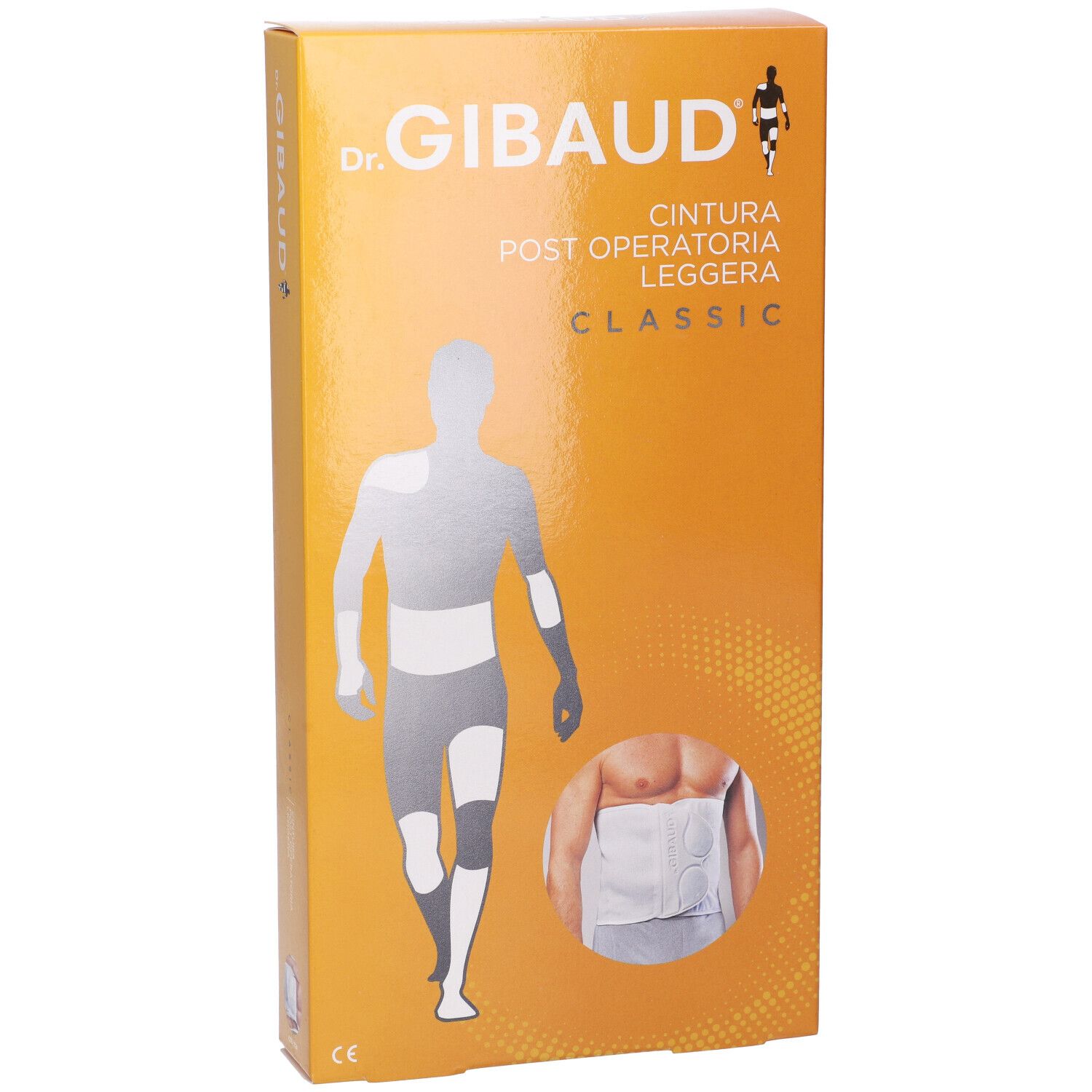 Confezione della fascia addominale. Sulla confezione sono visibili il marchio "Dr. GIBAUD" e il nome del prodotto "Cintura Post Operatoria Leggera Classic".