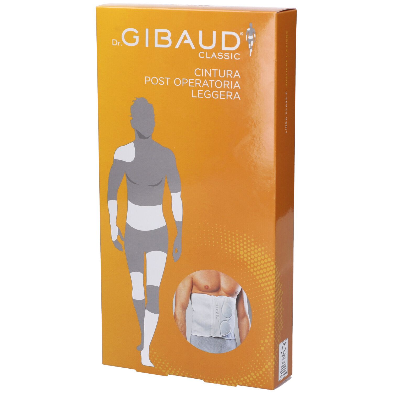 Confezione con immagine del prodotto. Scritta: Dr. Gibaud Classic Cintura Post Operatoria Leggera. Illustrazione di uomo con bendaggio.