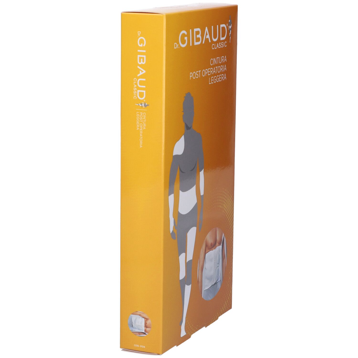 Confezione stretta arancione. Scritta: Dr. Gibaud Classic Cintura Post Operatoria Leggera. Illustrazione di uomo con bendaggio.