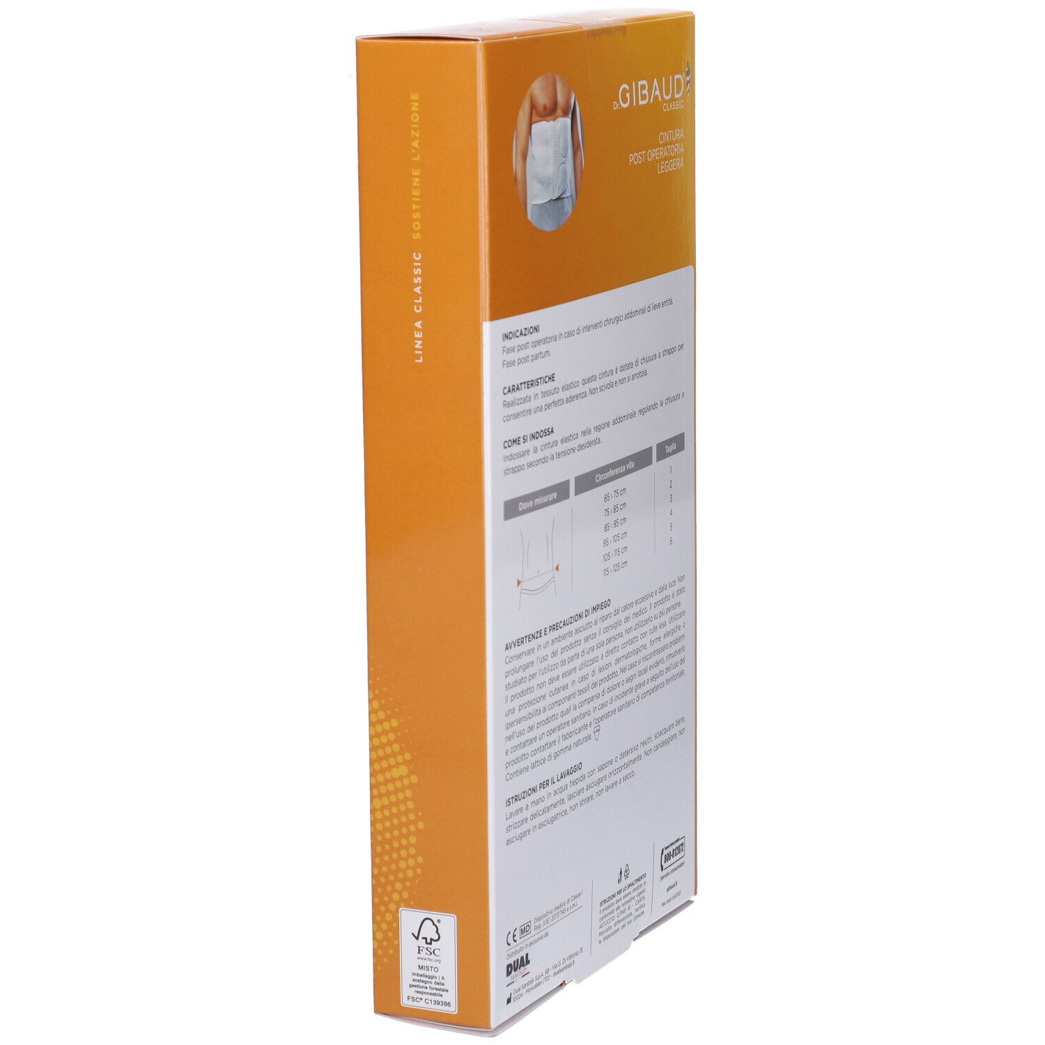 Confezione stretta arancione. Scritta: Dr. Gibaud Classic Cintura Post Operatoria Leggera. Testo e illustrazioni.