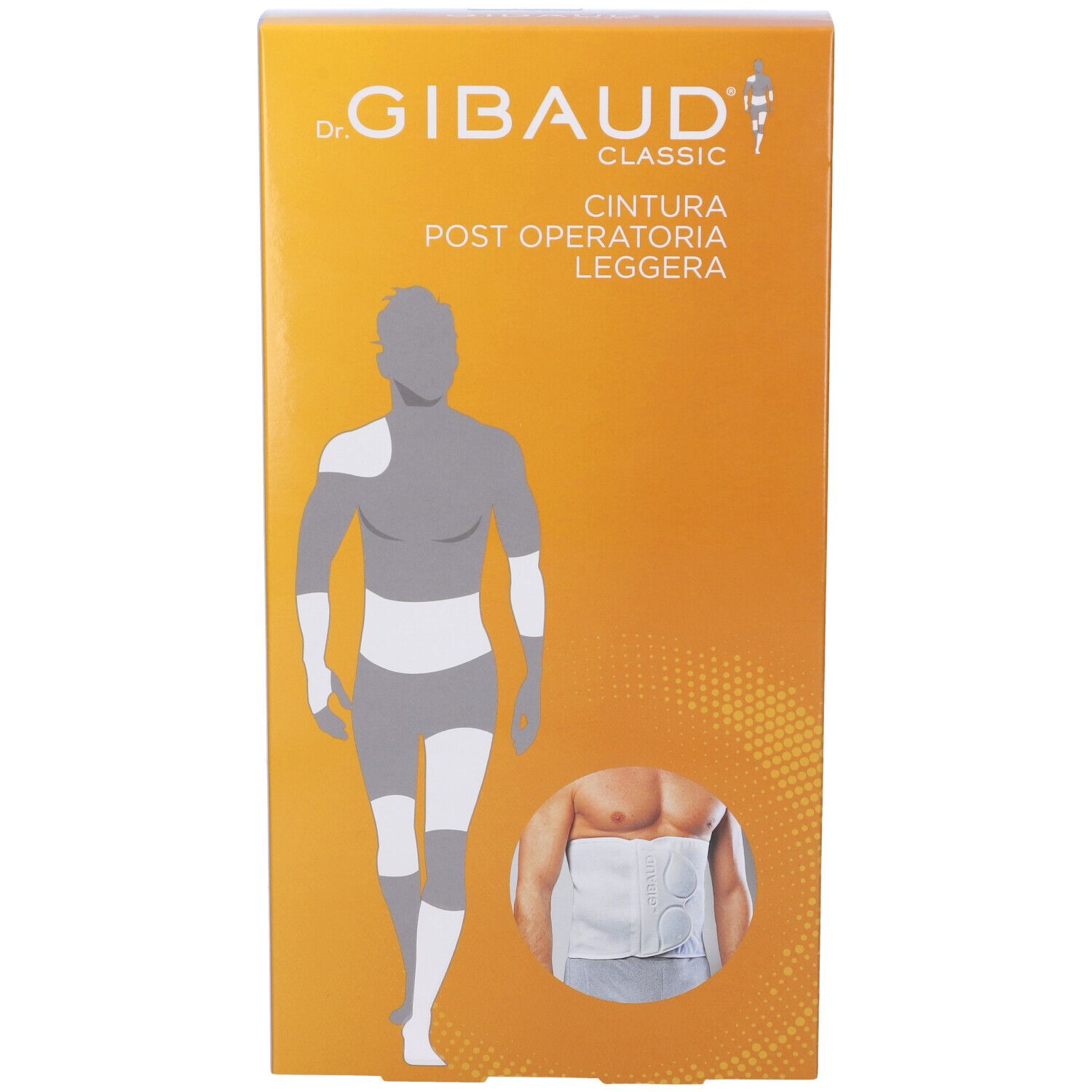 Confezione con immagine del prodotto. Scritta: Dr. Gibaud Classic Cintura Post Operatoria Leggera. Illustrazione di uomo con bendaggio.