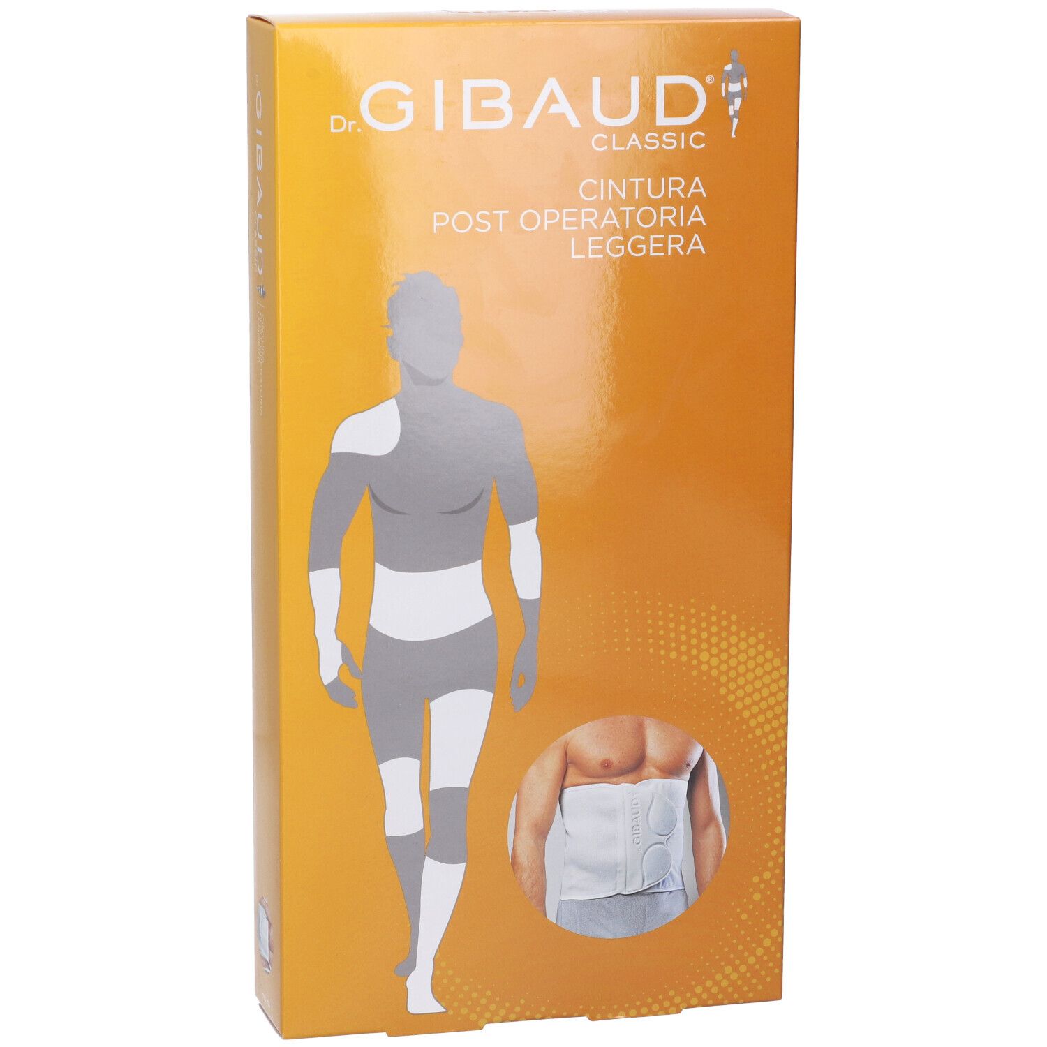 Confezione con immagine del prodotto. Scritta: Dr. Gibaud Classic Cintura Post Operatoria Leggera. Illustrazione di uomo con bendaggio.