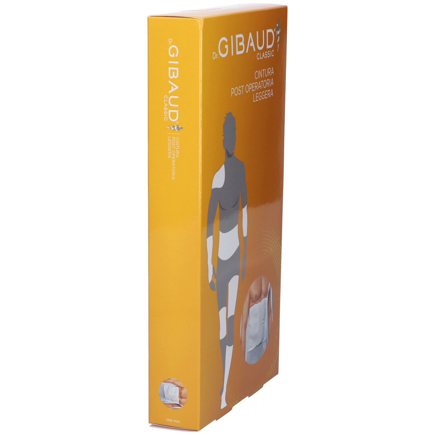 Gibaud Classic Post-OP-Leichtbandage Verpackung, Seitenansicht. Orangefarbener Karton mit Produktlogo und Illustration einer Person.