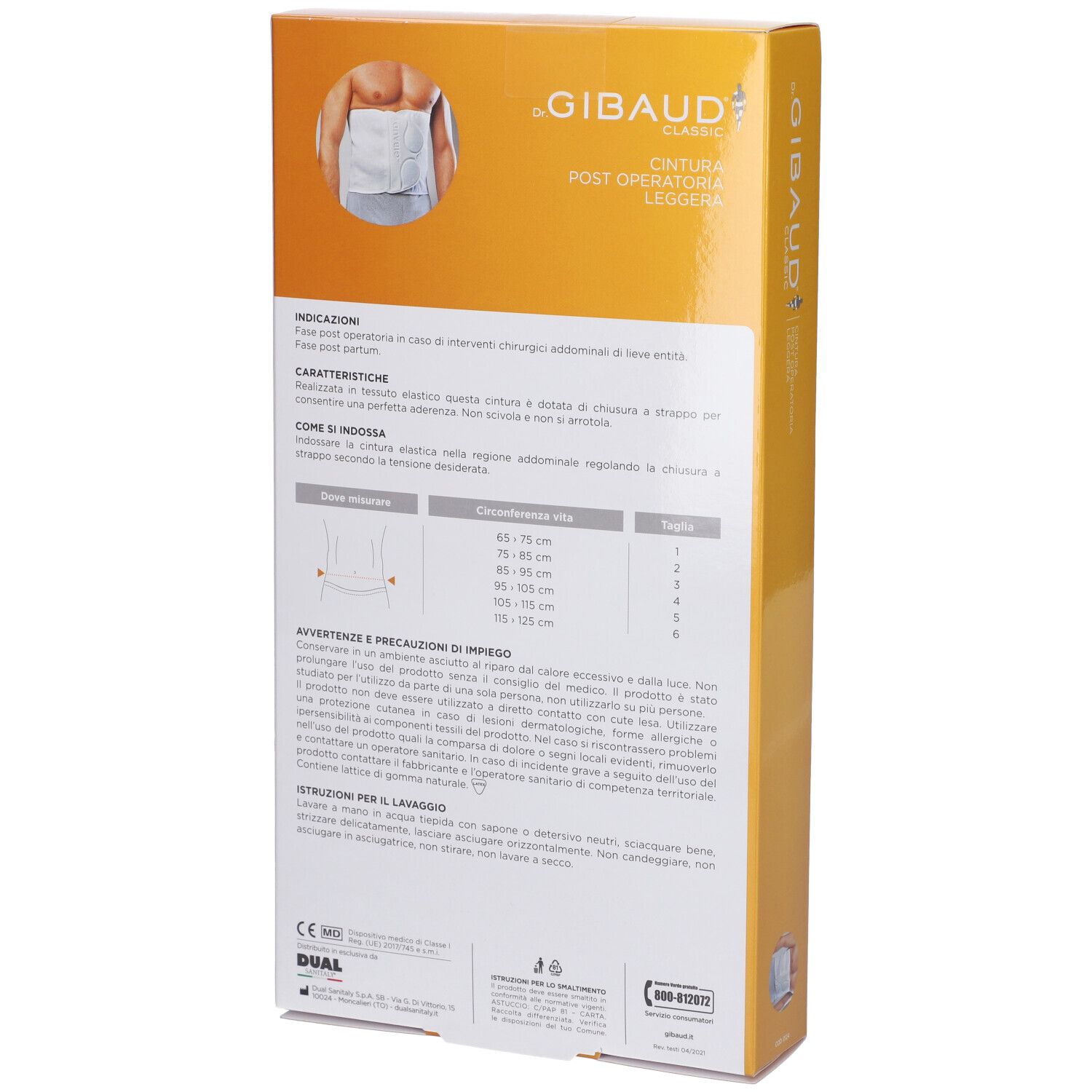Rückseite der Gibaud Classic Post-OP-Leichtbandage Verpackung. Textinformationen, Größentabelle und Produktabbildung.