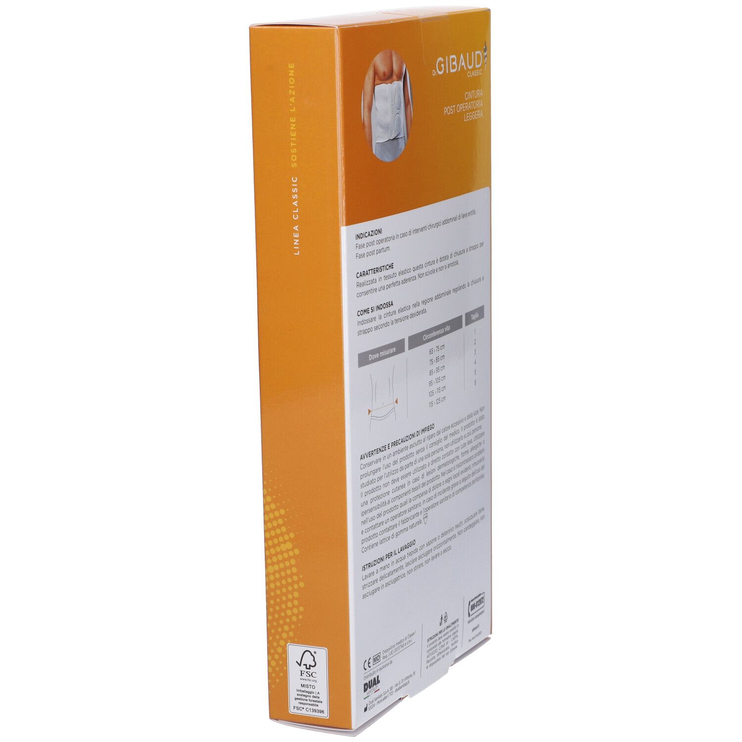 Seitenansicht der Gibaud Classic Post-OP-Leichtbandage Verpackung. Textinformationen und Produktabbildung.