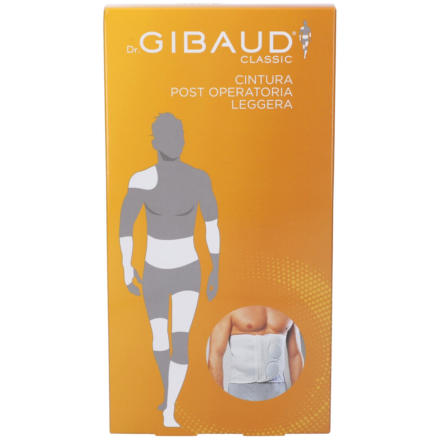 Gibaud Classic Post-OP-Leichtbandage Verpackung. Orangefarbener Karton mit Produktabbildung und Illustration einer Person mit Bandage.