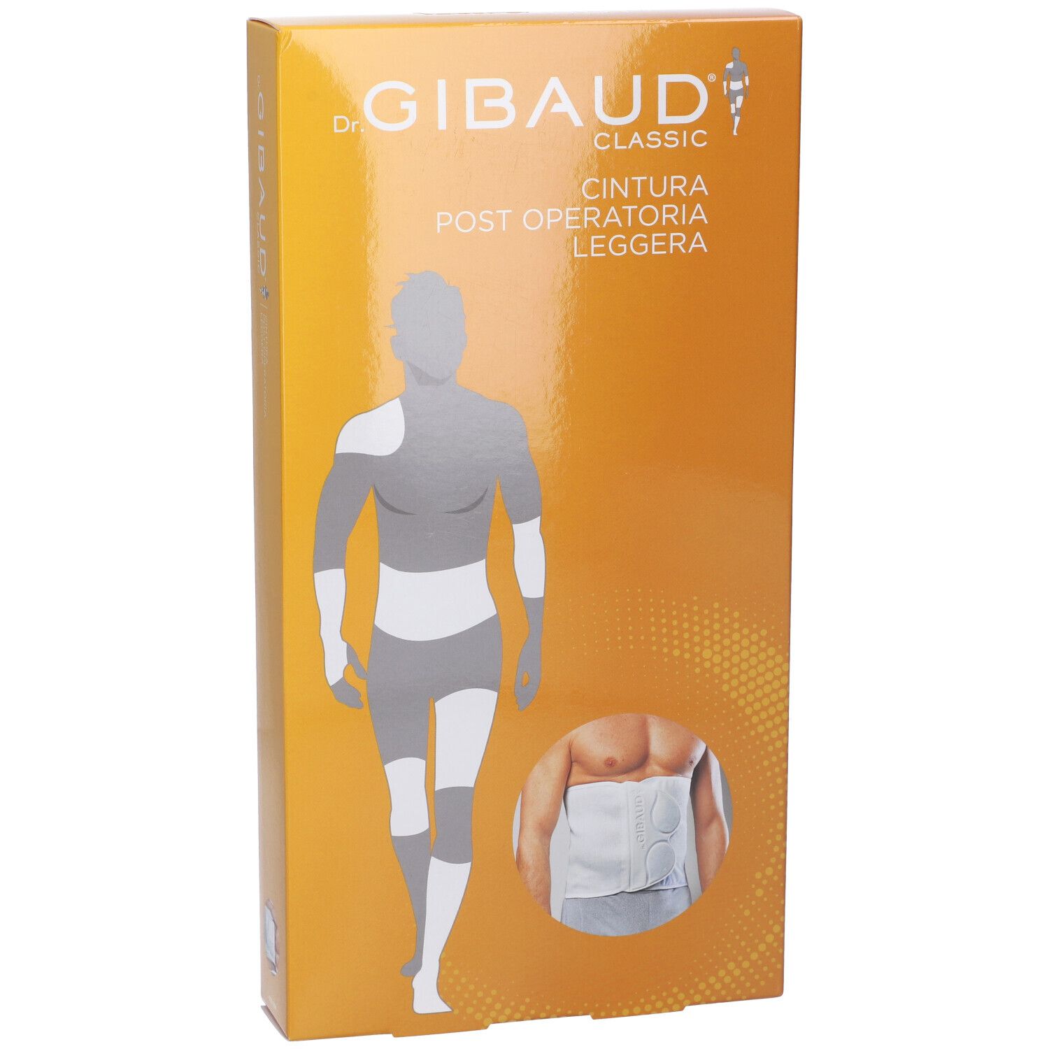 Gibaud Classic Post-OP-Leichtbandage Verpackung. Orangefarbener Karton mit Produktabbildung und Illustration einer Person mit Bandage.
