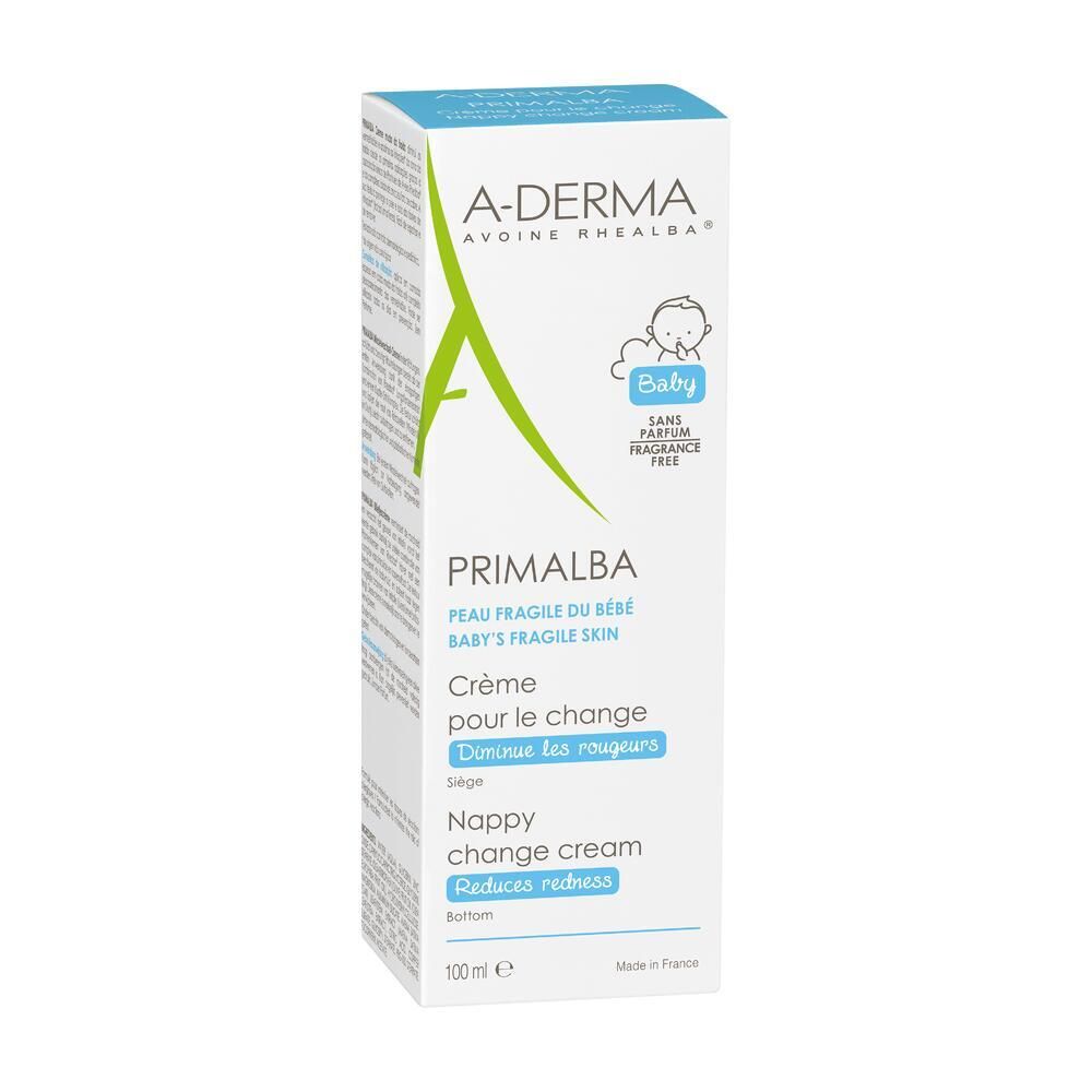 Kartonverpackung. A-DERMA und PRIMALBA-Schriftzug. Baby-Symbol. Creme für Windelbereich. Reduziert Rötungen.