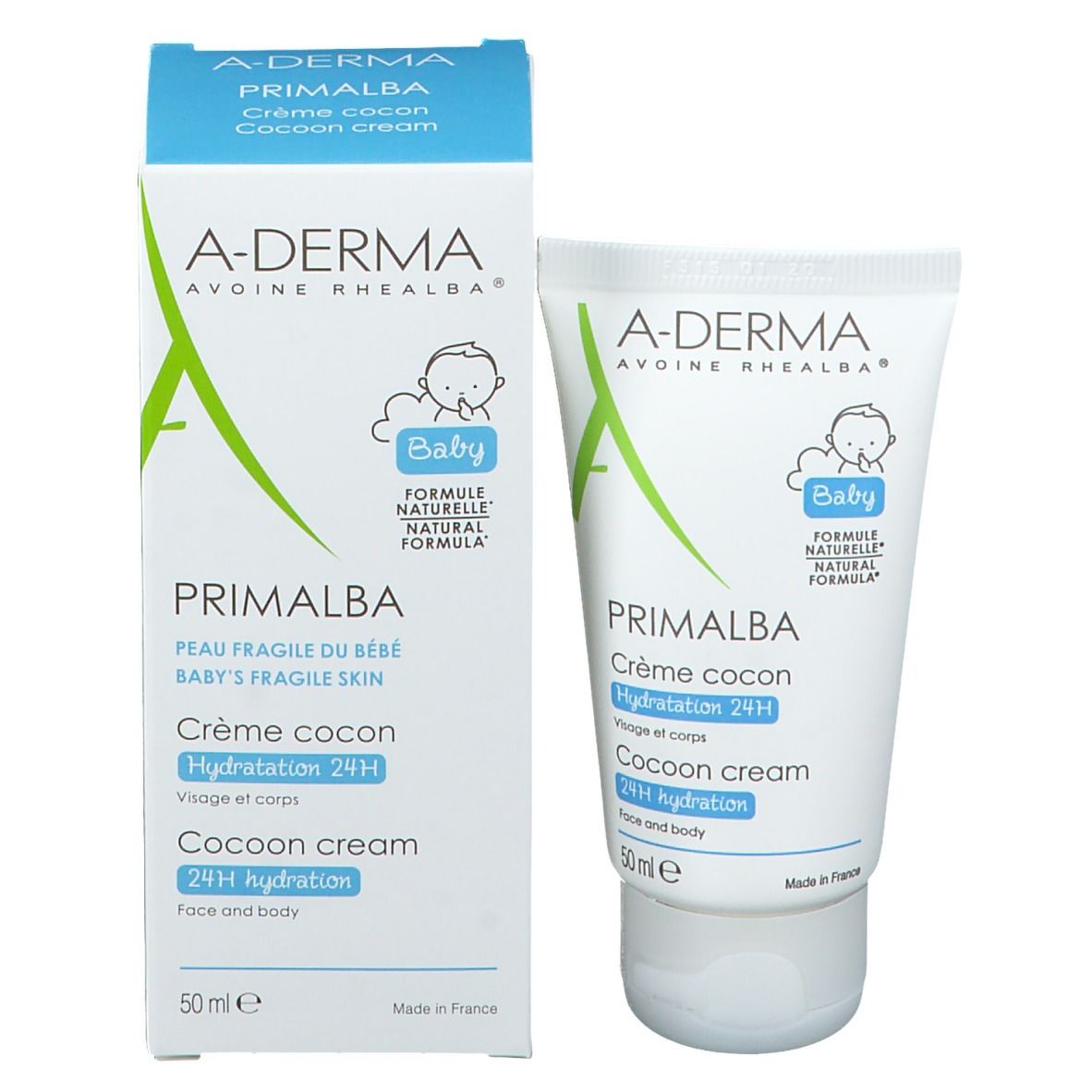 Confezione prodotto con tubo. Scatola e tubo. A-DERMA, PRIMALBA, Crema Cocon. Idratazione 24h. 50ml.