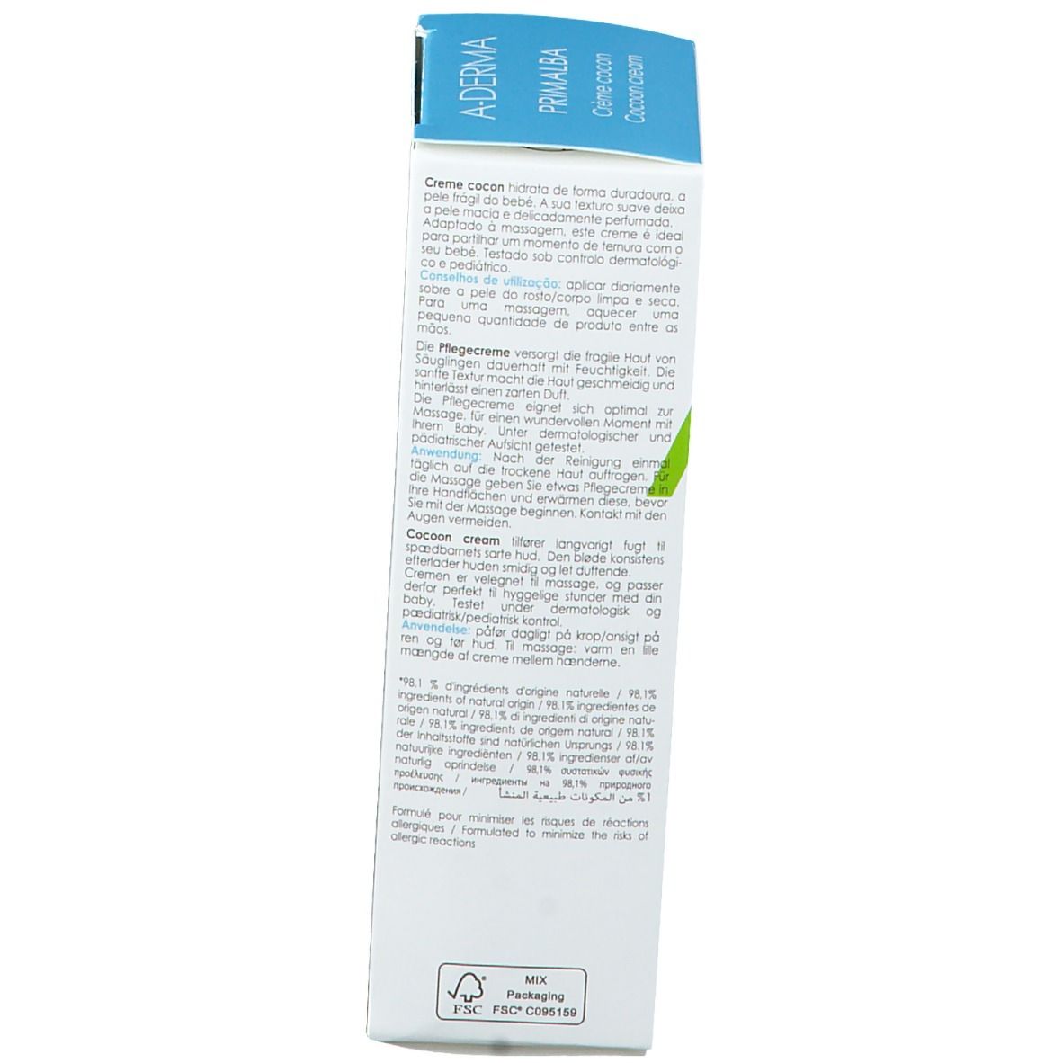 Lato della confezione in cartone. Testo multilingue. Logo FSC. Indirizzo del produttore.
