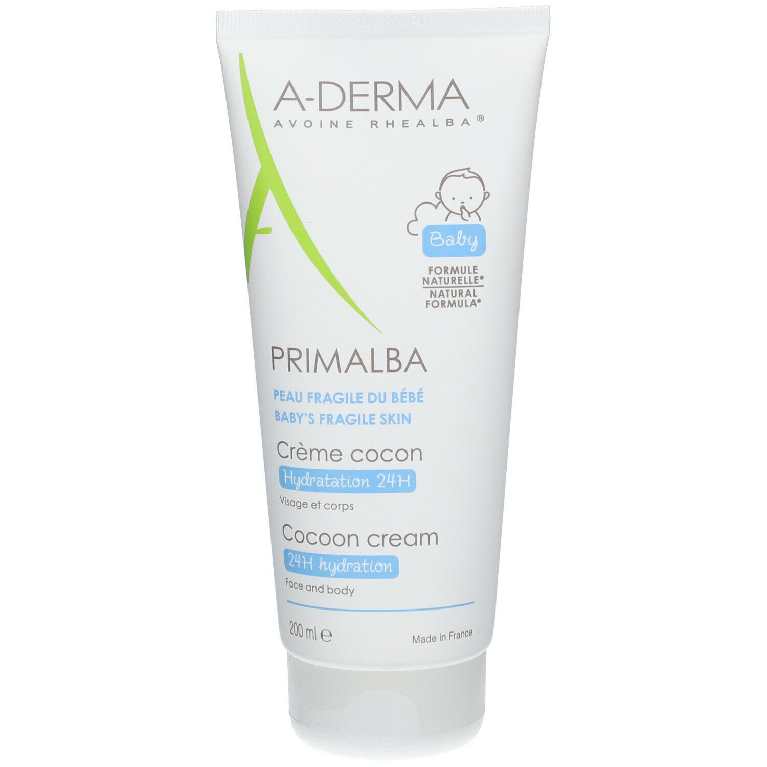 Tubo bianco con dettagli verdi e blu. Scritta: A-Derma, Primalba, Baby, Crème cocon, Idratazione 24H.
