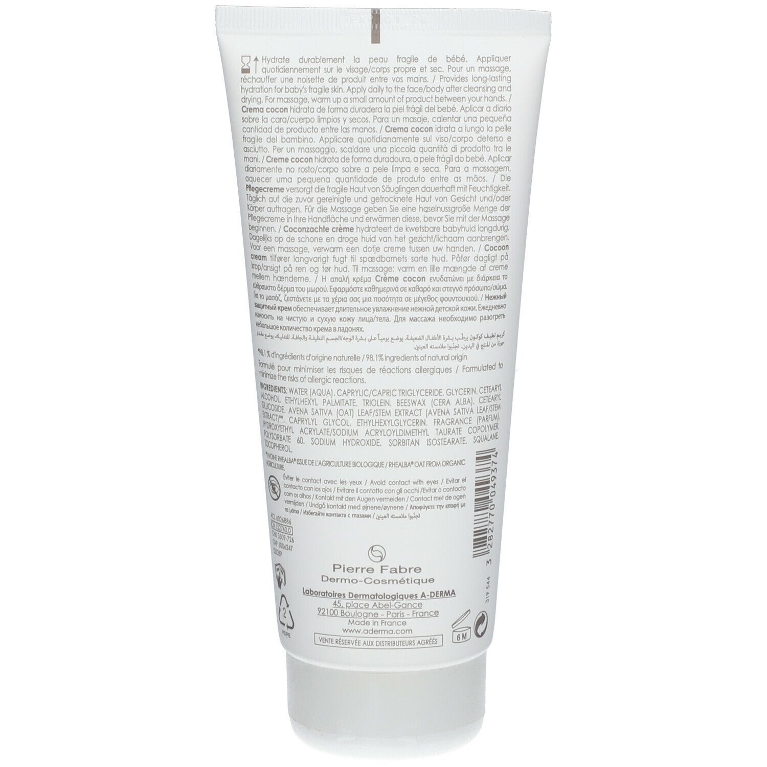 Retro di un tubo bianco. Testo multilingue. Logo del produttore: Pierre Fabre Dermo-Cosmétique.