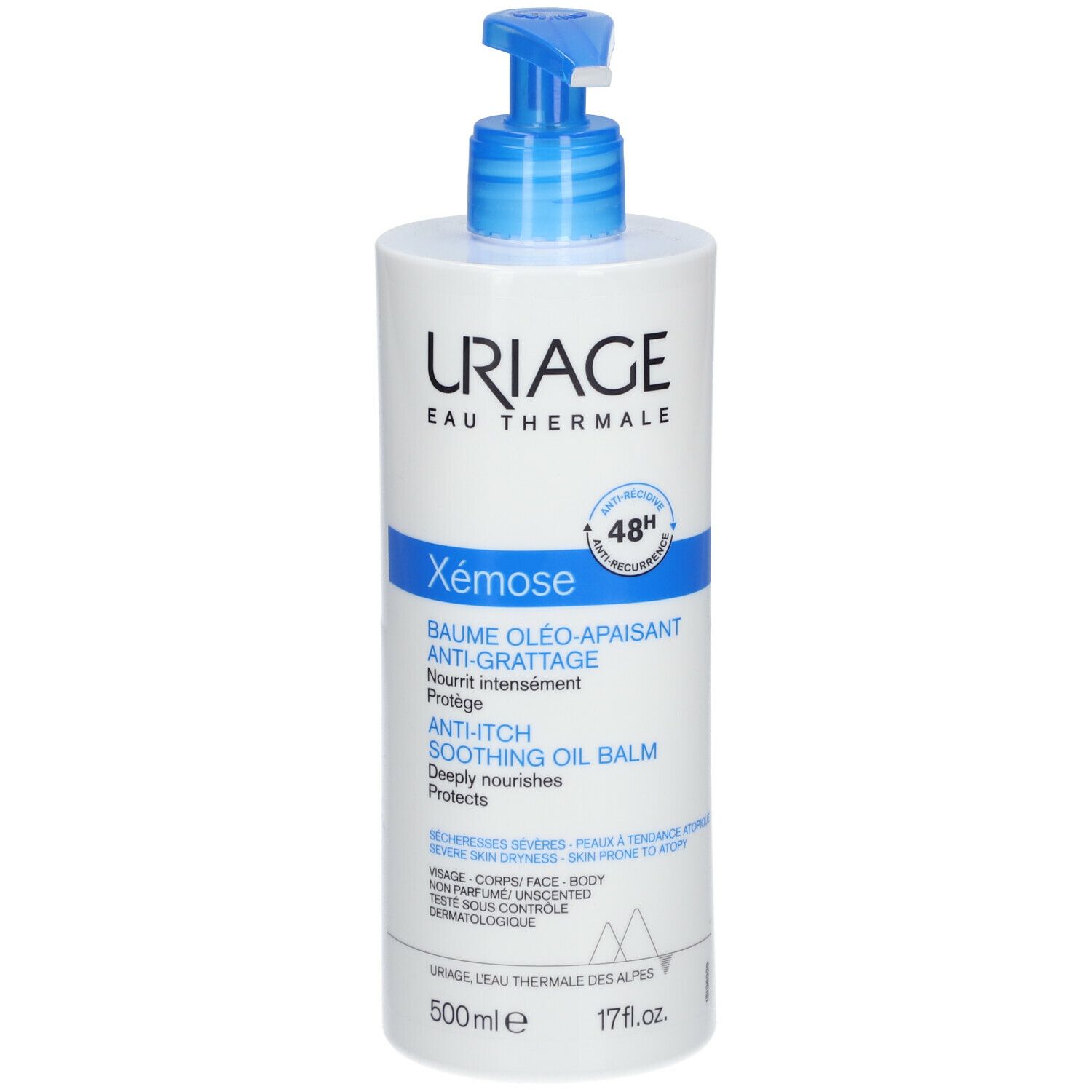 Uriage Xémose Balsamo Olio Anti-Prurito. Flacone bianco con dosatore blu. Informazioni sul prodotto e marchio Uriage.