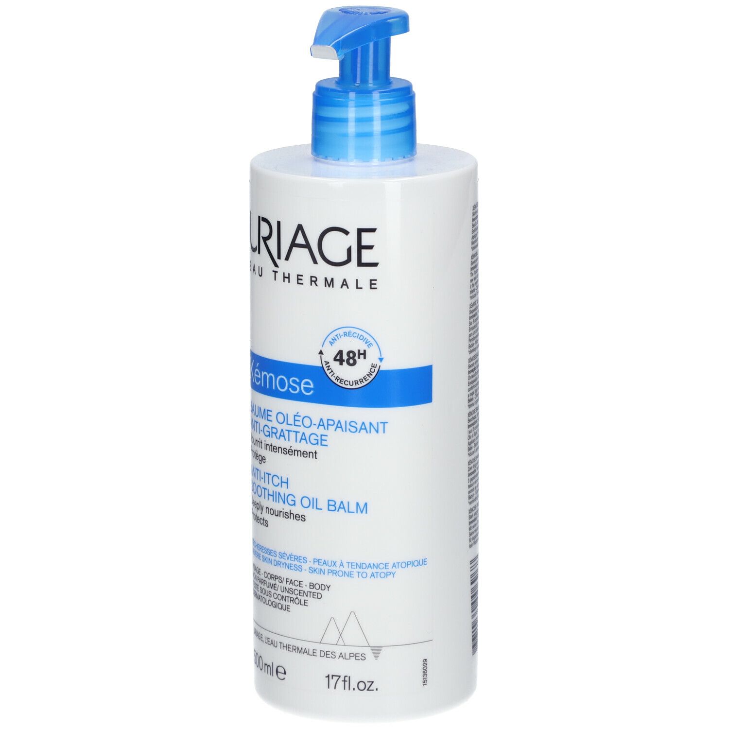 Uriage Xémose Balsamo Olio Anti-Prurito. Flacone bianco con dosatore blu. Informazioni sul prodotto e marchio Uriage.