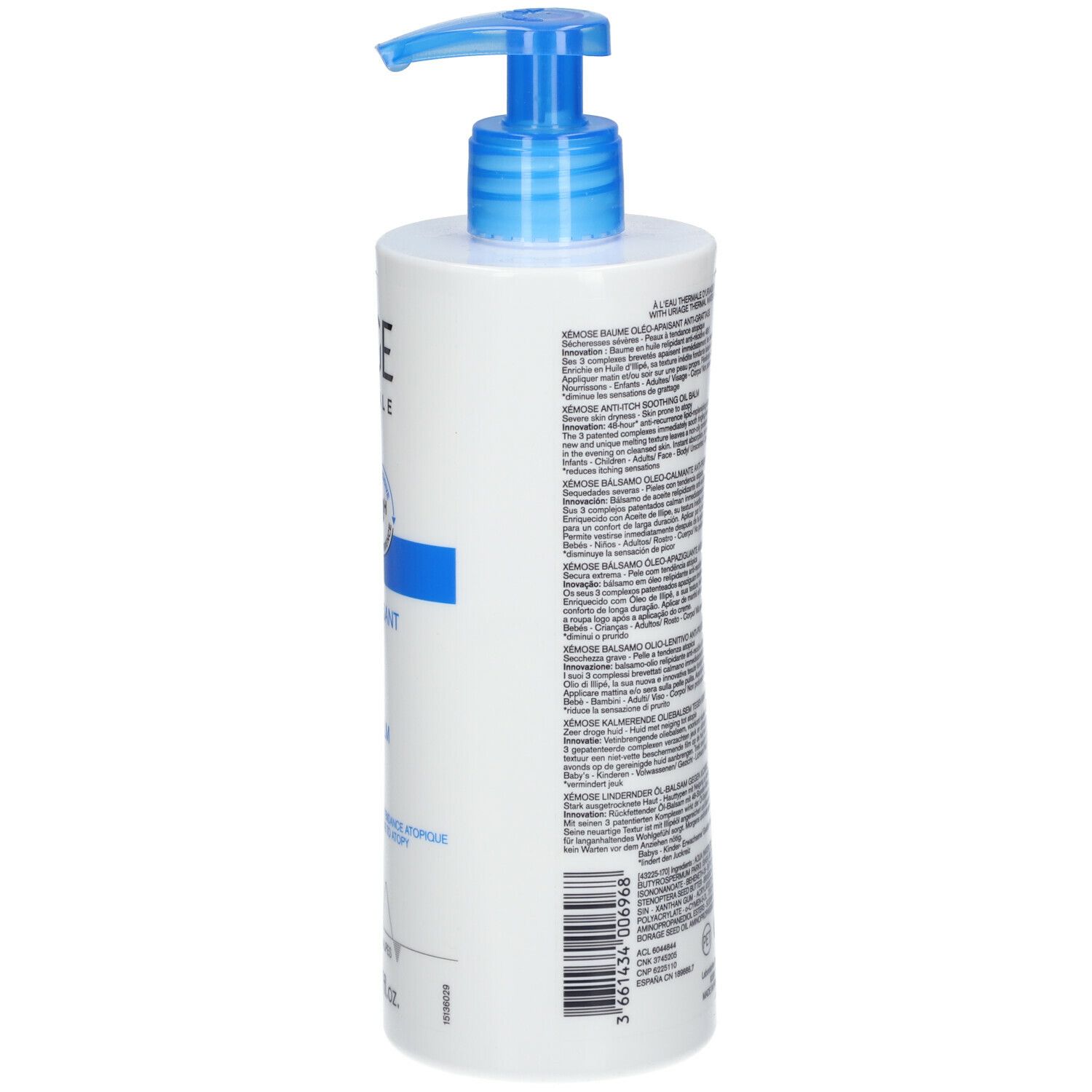 Retro del flacone Uriage Xémose. Testo, ingredienti, informazioni produttore. Sfondo bianco, testo nero.