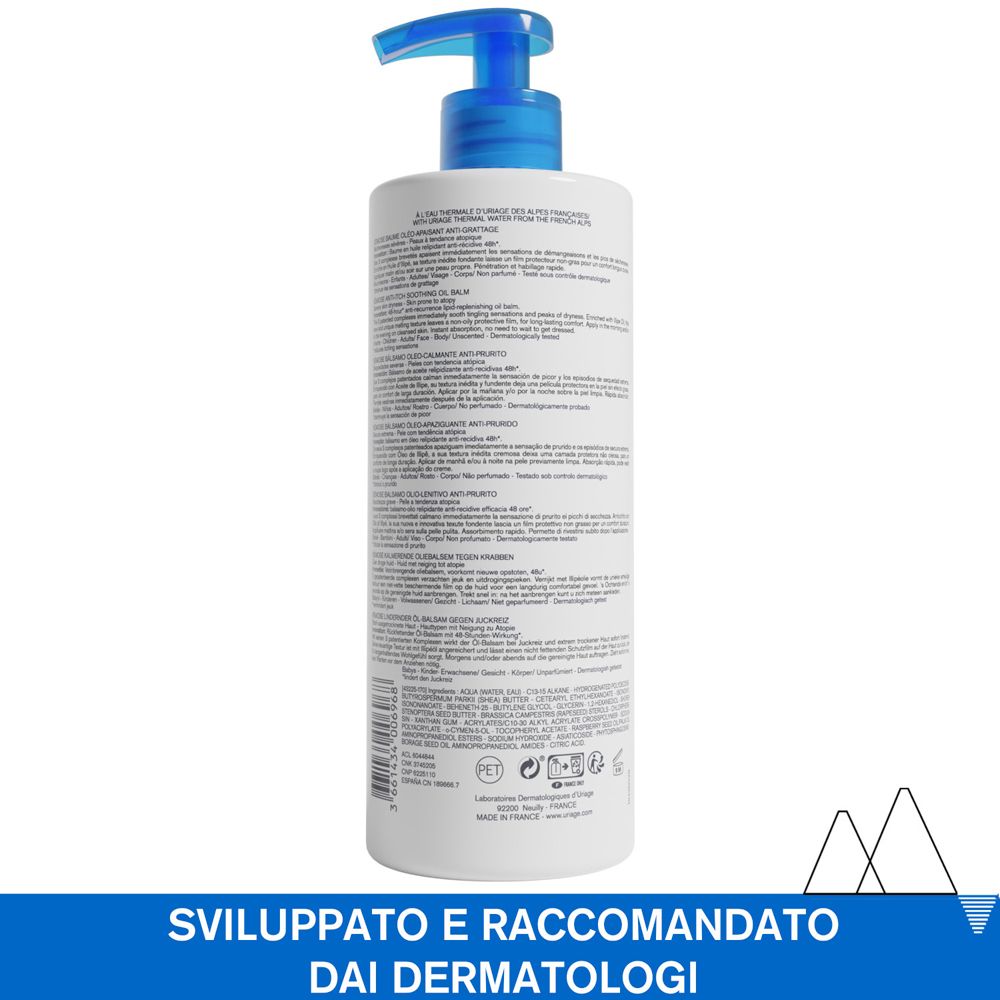 Retro del flacone Uriage Xémose. Testo, ingredienti, informazioni produttore. Sfondo bianco, testo nero.