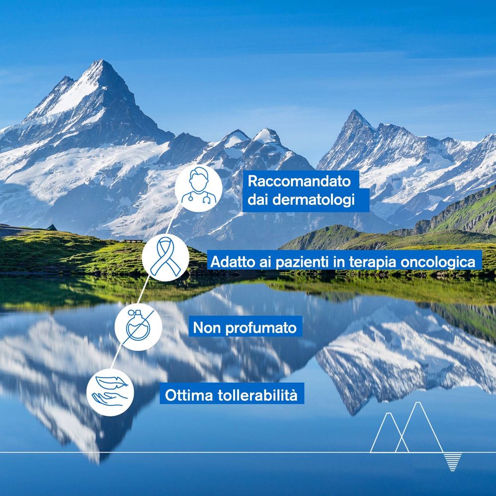 Paesaggio con montagne e lago. Testo: «Raccomandato dai dermatologi». Testo: «Adatto ai pazienti in terapia oncologica». Non profumato.