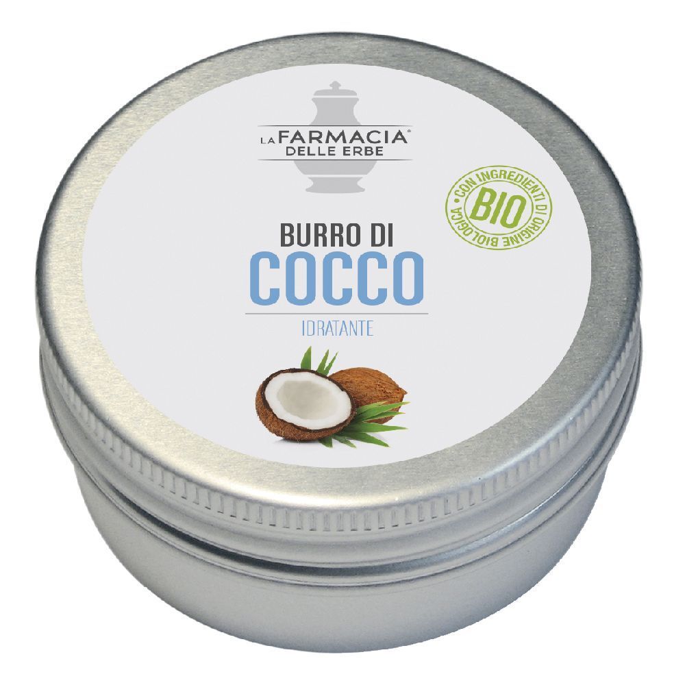 Barattolo rotondo con etichetta bianca. Scritta: Burro di Cocco, illustrazione cocco, sigillo bio. Contenitore metallico.