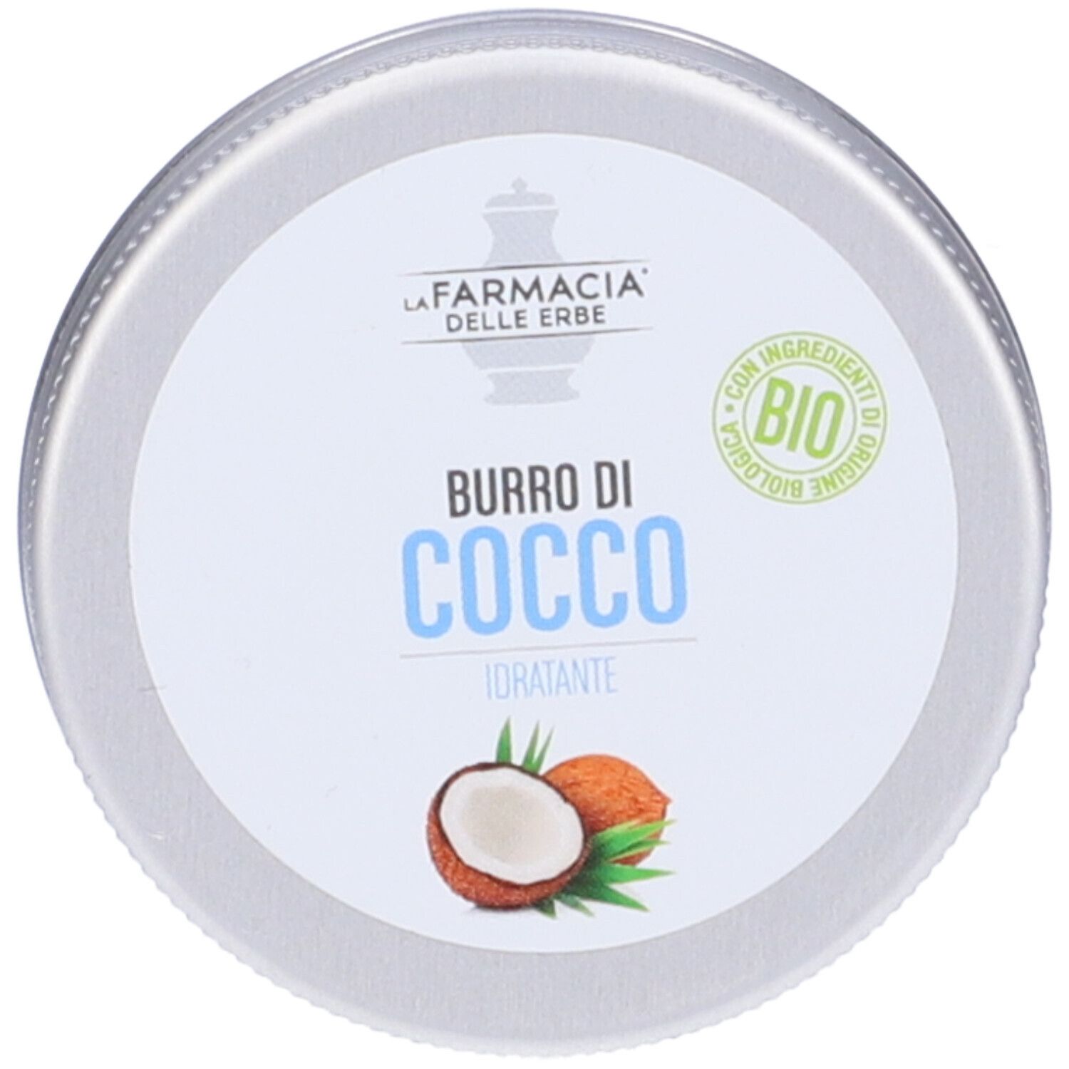 Barattolo con etichetta bianca. Scritta: Burro di Cocco, illustrazione cocco, sigillo bio. Contenitore metallico.