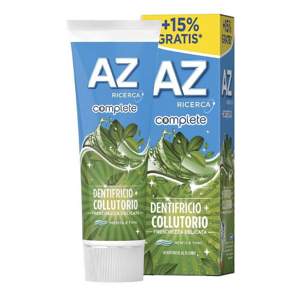 Tubo e confezione di dentifricio e collutorio. Tubo blu con tappo bianco. Scritta: AZ Complete, menta e timo.