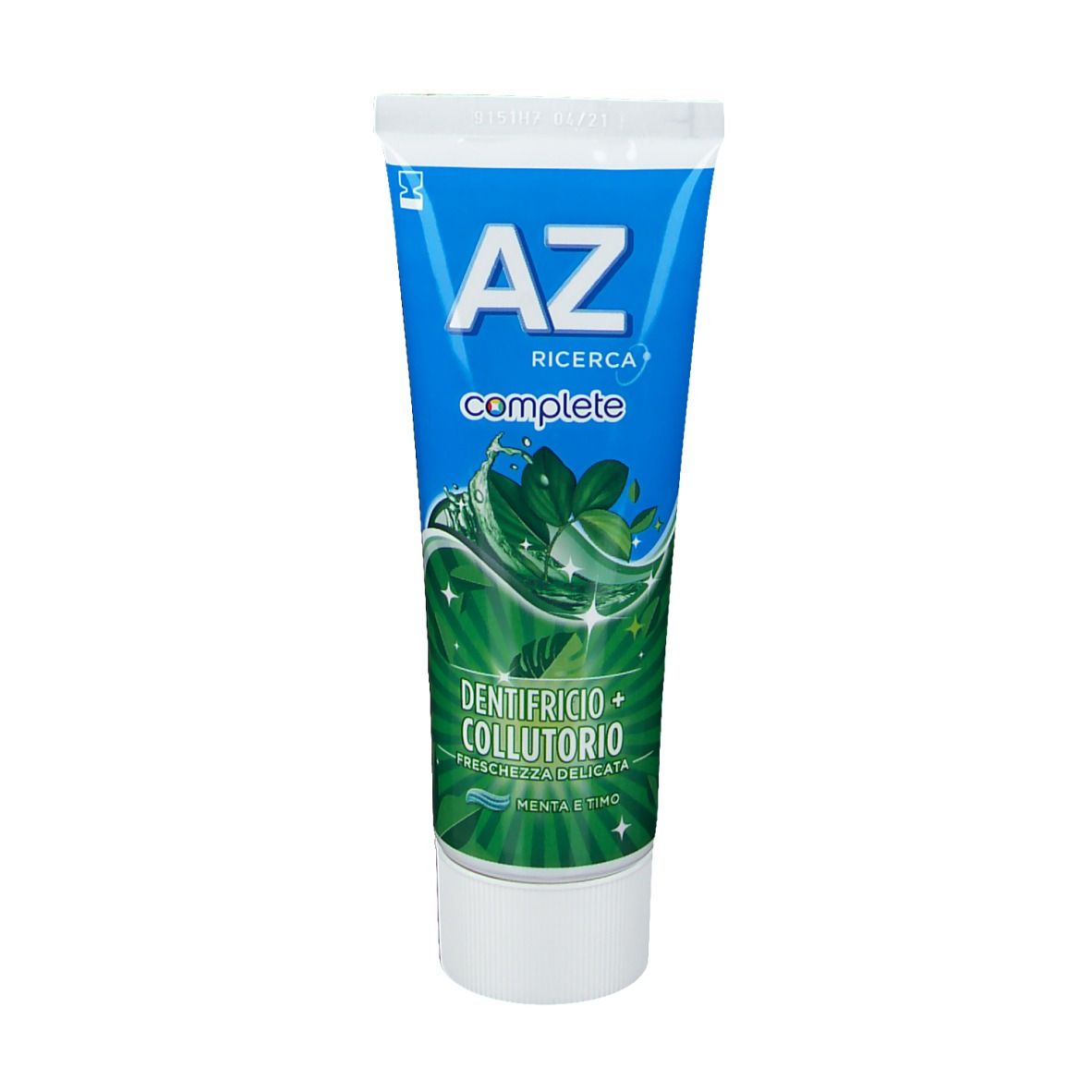 Tubo di dentifricio. Tubo blu con tappo bianco. Scritta: AZ Complete, menta e timo. Illustrazione di erbe.