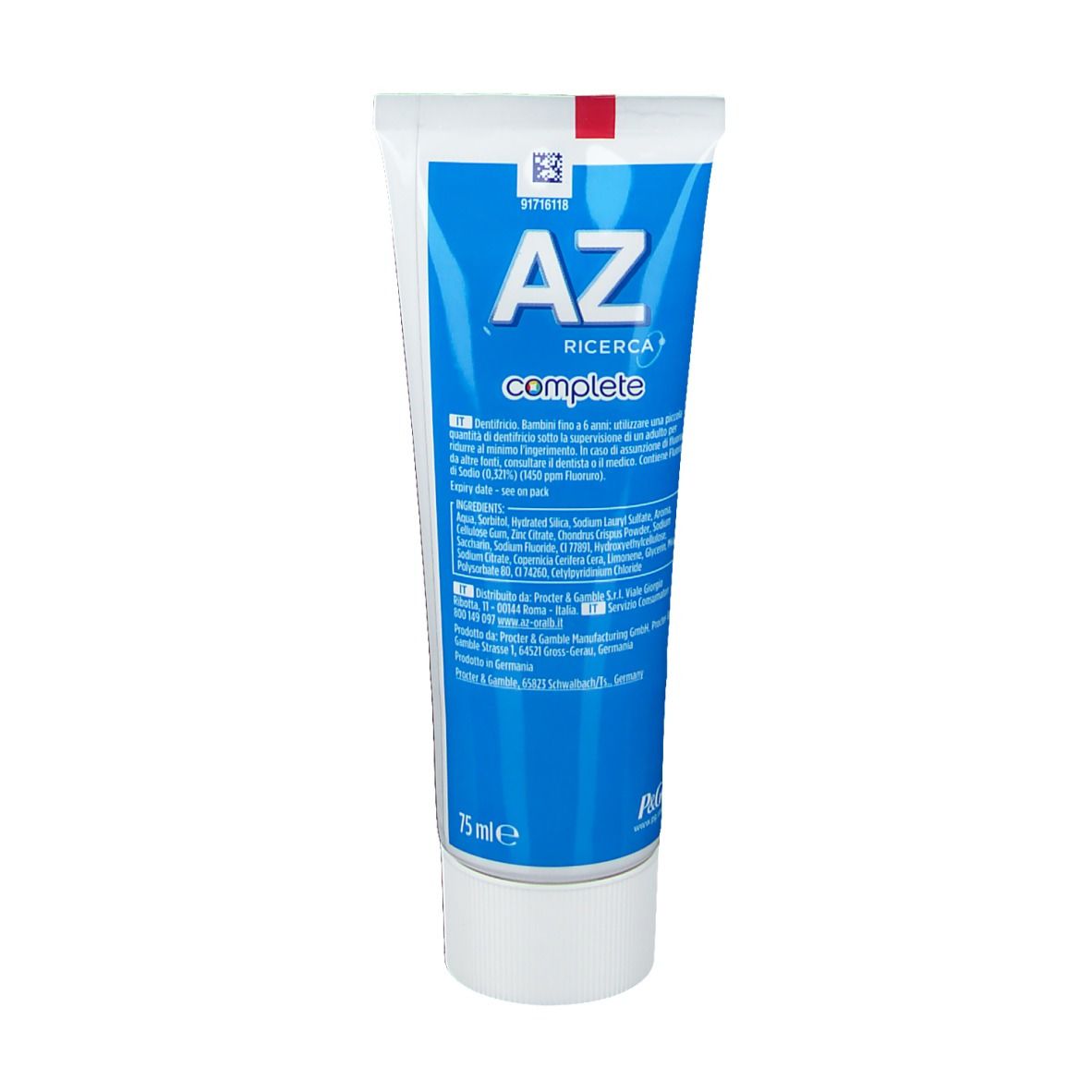 Tubo di dentifricio. Tubo blu con tappo bianco. Scritta: AZ Complete. Testo e ingredienti sul tubo.