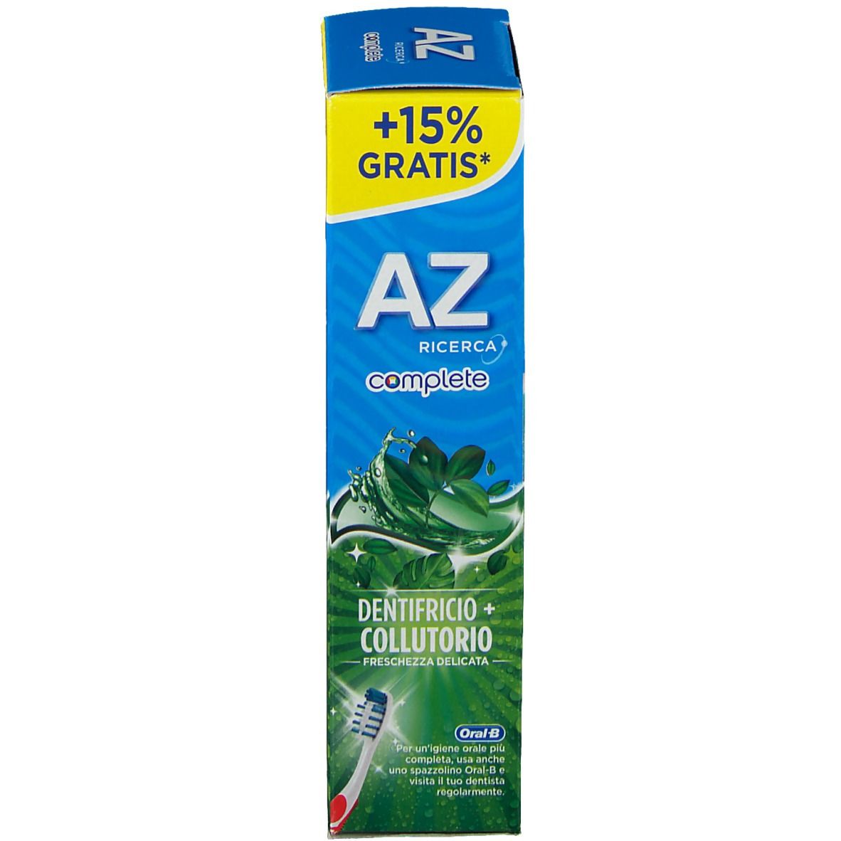 Confezione di dentifricio e collutorio. Confezione blu con scritta: AZ Complete, menta e timo. Con spazzolino.