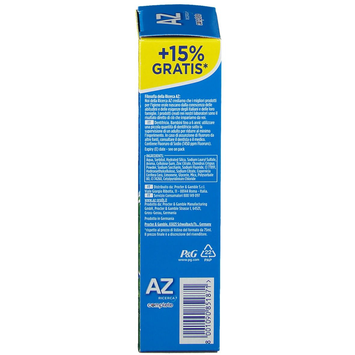 Confezione di dentifricio e collutorio. Confezione blu con scritta: AZ Complete. Testo e ingredienti sulla confezione.