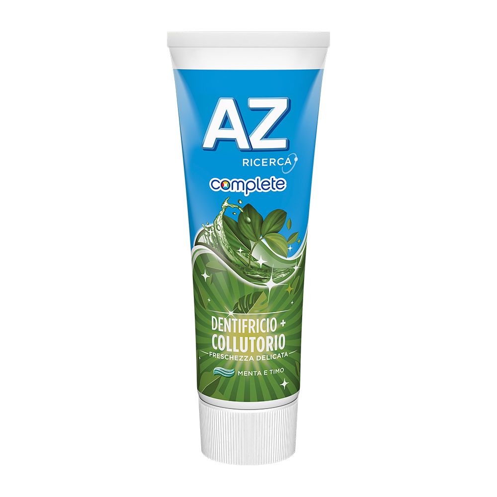 Tubo di dentifricio. Tubo blu con tappo bianco. Scritta: AZ Complete, menta e timo. Illustrazione di erbe.