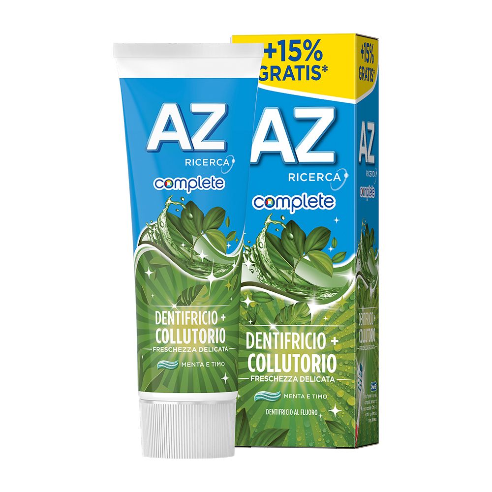 Tubo e confezione di dentifricio e collutorio. Tubo blu con tappo bianco. Scritta: AZ Complete, menta e timo.
